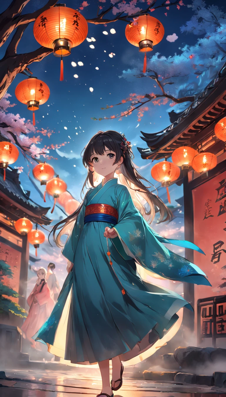 natta,Downtown,Close-up view of a tree with lights,pathway,cart,The focus of the medium scene is a beautiful girl,Hanfu,laughingly,Vista lanterns,Sky fireworks