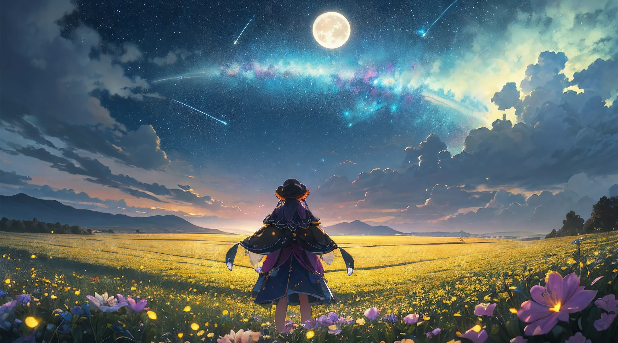 Vast landscape photo, (viewed from below, the sky is above and the open field is below), a girl standing on a flower field looking up, (full moon: 1.2), (meteor: 0.9), (nebula: 1.3), distant mountains , Trees BREAK Crafting Art, (Warm Light: 1.2), (Fireflies: 1.2), Lights, Lots of Purple and Orange, Intricate Details, Volumetric Lighting, Realism BREAK (Masterpiece: 1.2), (Best Quality), 4k, Ultra-Detailed, (Dynamic Composition: 1.4), Very Detailed, Colorful Details, (Rainbow Colors: 1.2), (Glow Lighting, Atmospheric Lighting), Dreamy, Magical, (Solo: 1.2)
