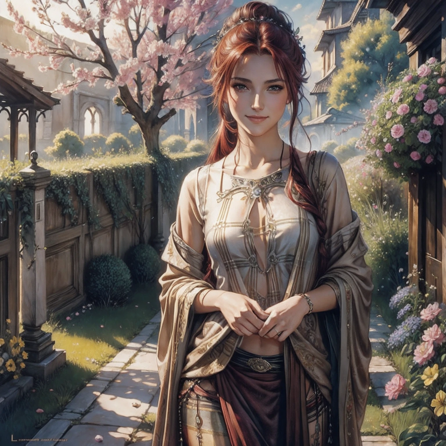 Art By Luis Royo, AND Veronica Minozzi, by AssasinMonkey, GARDEN 🌸🌼🦜🌺 Oil paint painting, masterpiece, glitter, Pretty young woman in a long-sleeved plaid shirt, dark tones, natural red hair, Hair tied in a bun, smiling, looking beautiful, in a beautiful garden.