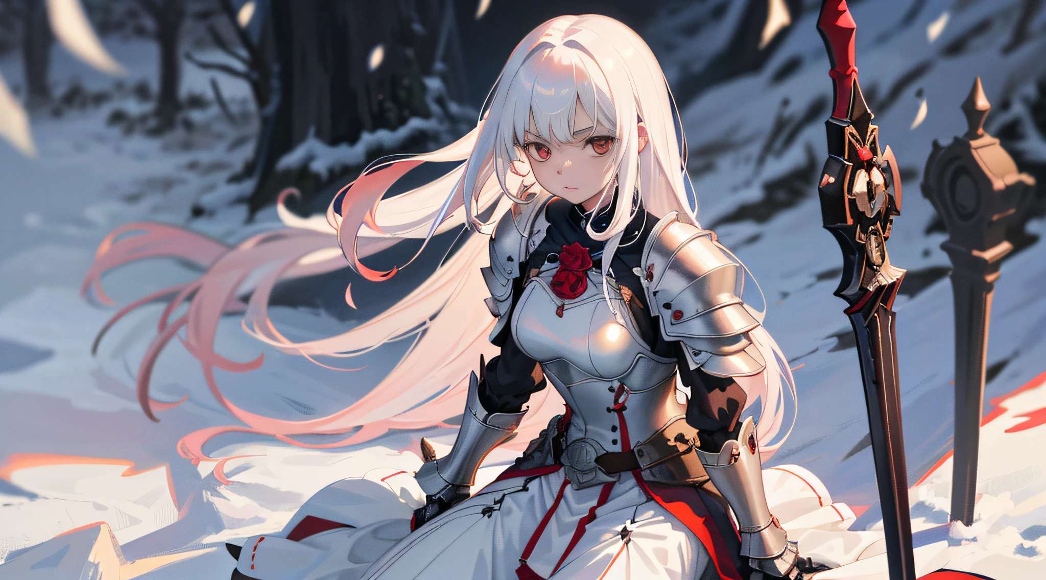 A  girl，White hair and red eyes，long whitr hair，Original Character、fantasy concept art、Best shadow、shallowdepthoffield、Portrait of a noble knight、Dignified、Sad expression，Sophisticated tactical heavy armor、Tassel waistband、Hand Guard、Pauline、High quality armor texture，Stand up，Kneel on one knee，overcast day，Snow，Rose thorn shrub，（HighestQuali，astonishing detail：1.25），（独奏：1.3），Brilliant and colorful paintings