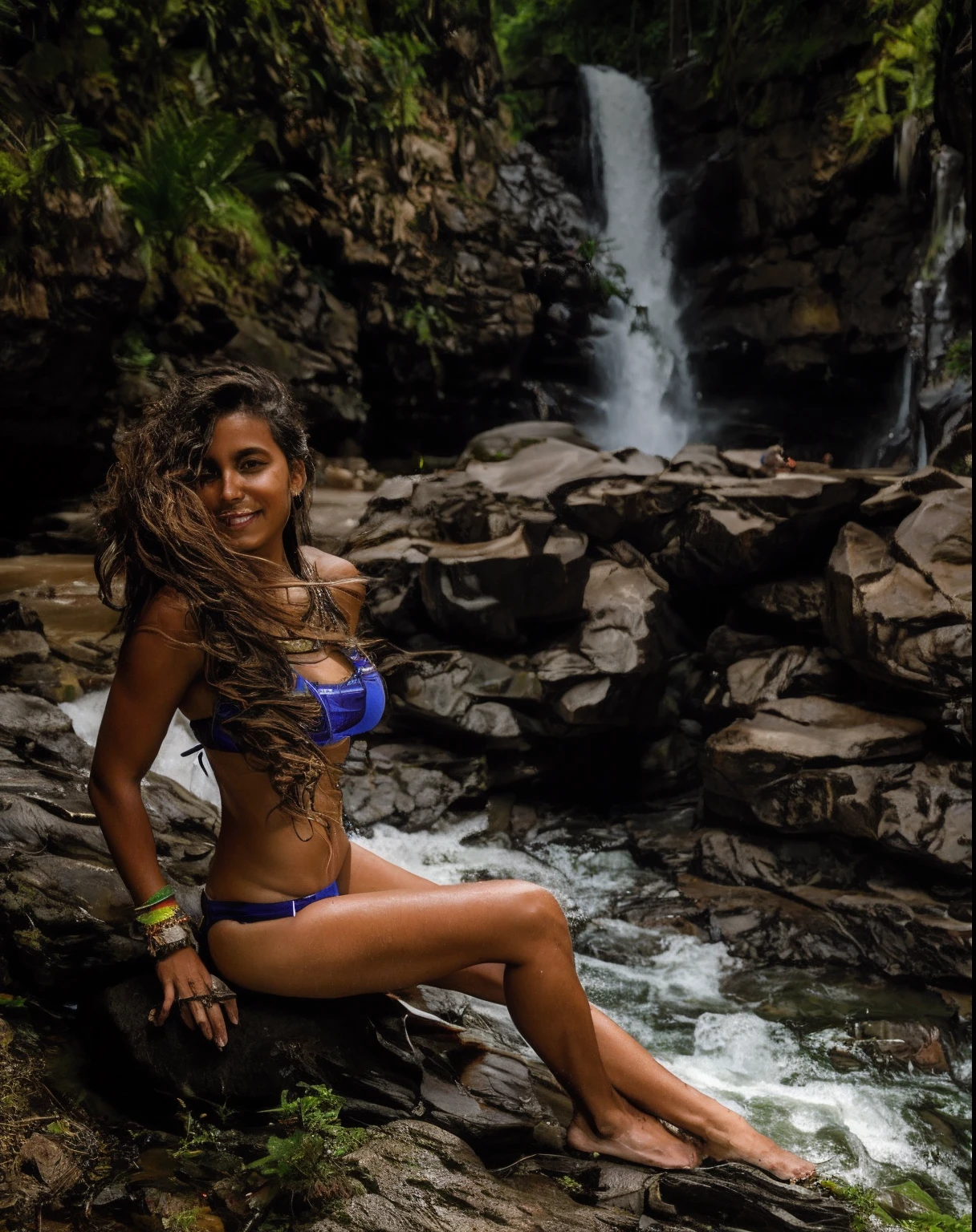 A woman in a bikini sitting on a rock next to a waterfall, cabelo liso, pele branca vronzeada de sol, ao lado de uma cachoeira, banho em cachoeira, com uma cachoeira, com cachoeiras, com cachoeiras e rio, deusa da natureza, standing near a waterfall, cachoeiras ao fundo, brincando em cachoeiras, em frente a uma cachoeira, em um ambiente de selva, Standing in a waterfall