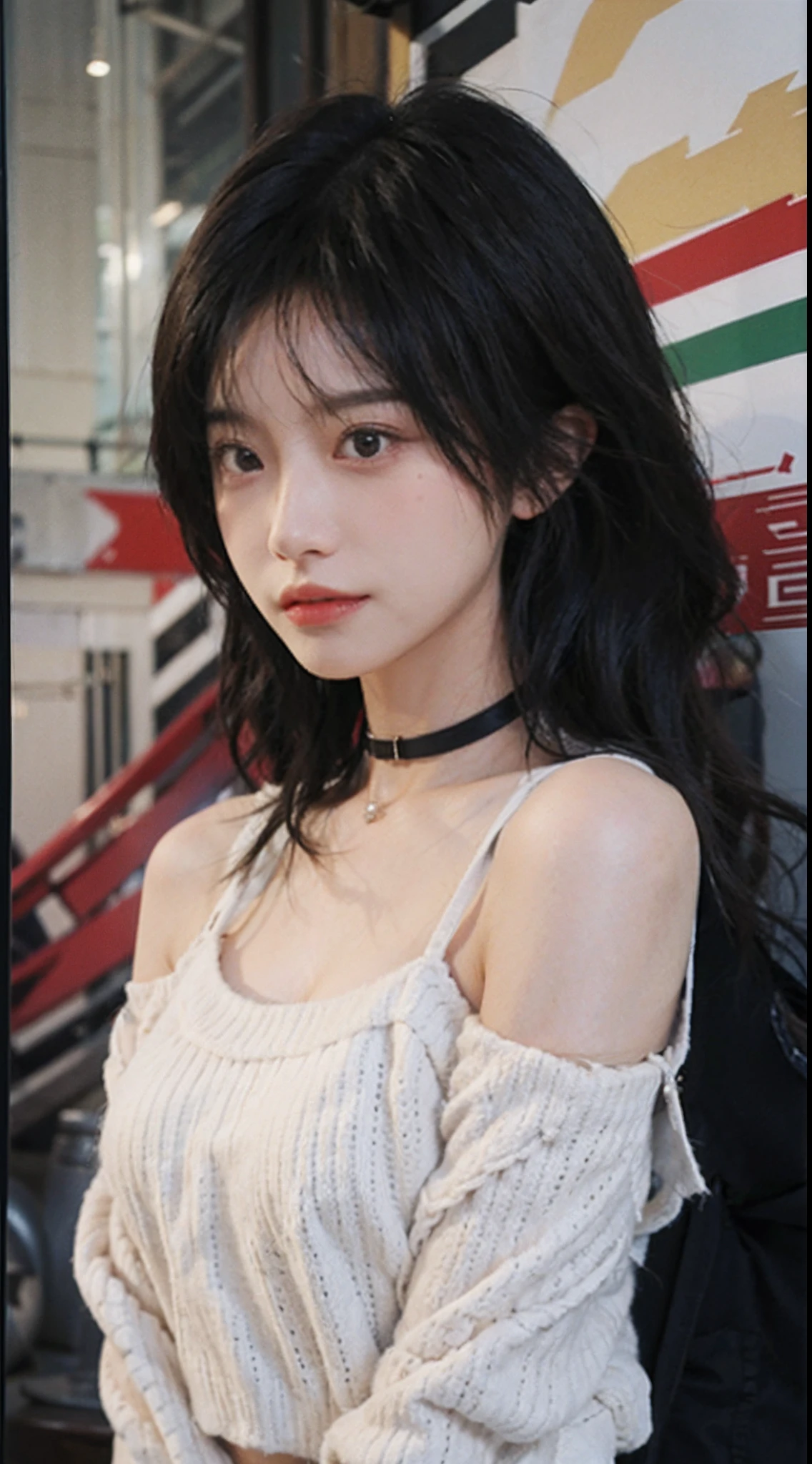 best qualtiy, 超高分辨率, (realisticlying:1.4),Baoyu Girl,1girll, with long coiled hair,Blushlush,Looking into the distance,nedium breasts,Cropped red sweater,a sense of atmosphere,Beautiful woman with a slim figure:1.4, Abs,Ultra-fine face,Elaborate Eyes,二重まぶた,choker necklace