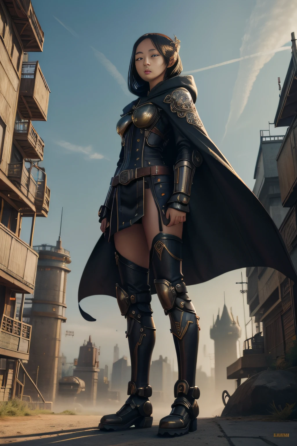 1 girl, young, 16 years old, Asian, full body from head to toe, Realistic, Realistic face, worried, looks over shoulder, side lighting, wallpaper, looks at viewer, futuristic steampunk buildings in background, Long cape and hood, ground earth, outdoors, hold a steampunk sword, fight steampunk robots, dragon logo,