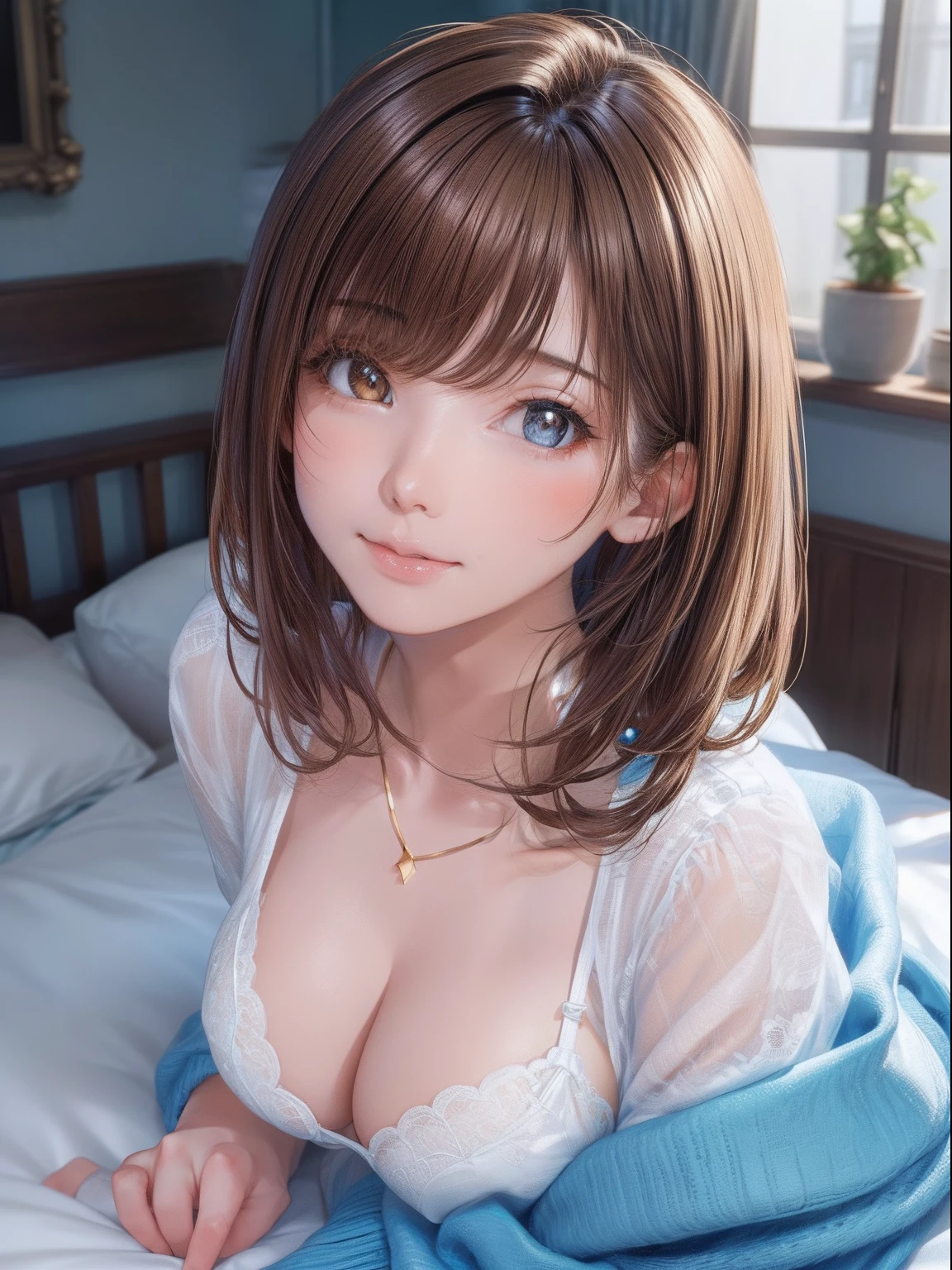 DETAILED, DENSE, MASTERPIECE, one girl, beautiful, wearing white cardigan, one girl lying on bed with blanket, brown hair, 22 years old, smooth skin, glowing skin, glowing hair, clear eyes, glowing eyes, brown eyes, soft lips, pale pink lips, (viewer Looking down: 0. 8) smiling slightly, cheeks stained, shy, mouth open, bangs, white sleeves,light blue clothing, one girl, soft skin, large breasts, glowing skin, cinematic lighting, rich lighting, room lighting, simple gold necklace, diamond necklace, light blue Lace bra, light blue lace panties, light blue lace underwear, high angle, low angle, (Masterpiece: 1.0), (Realistic: 1.6), (Soft Focus: 1.5)
