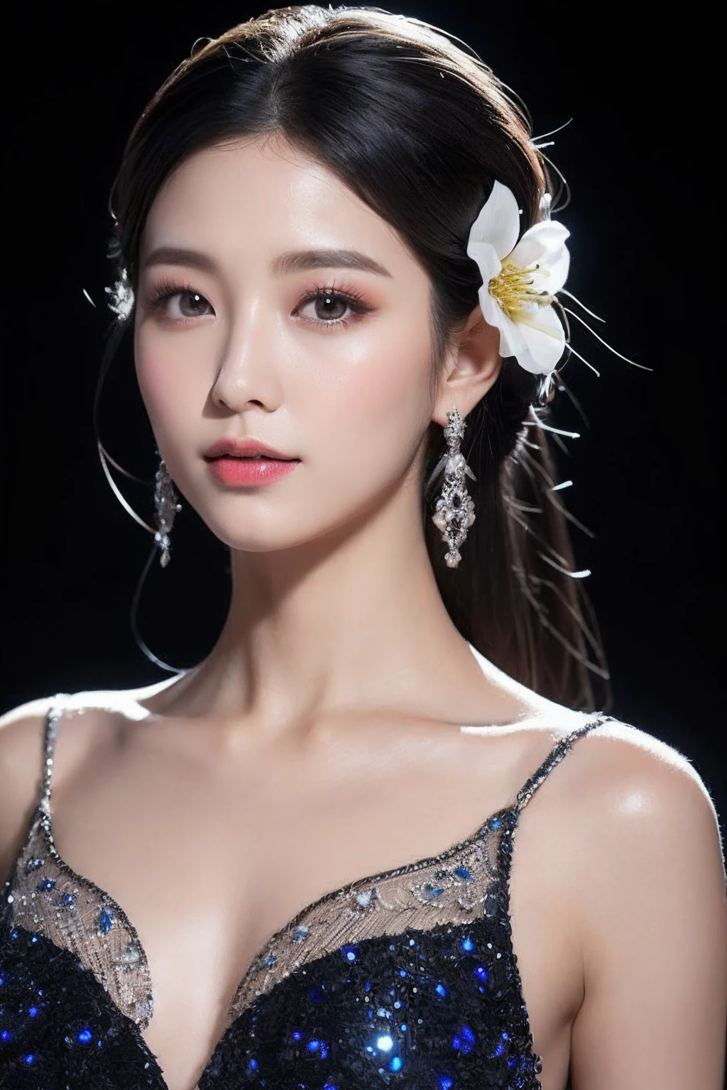 (8k，Best Picture Quality，A high resolution，Very detailed body details，full bodyesbian，动态照明，Very detailed faces)
Her dress was black，Complements the hues of the volcano。It is made of silk and tulle，The texture is light and soft，It was as if touching her skin。The dress is embroidered with delicate silver filigree patterns，Flashing with a shimmering light，Like stars dotting the dark night sky。The exquisite cut and streamlined design show off her perfect figure，Amazing。
Her hair was draped，Like a waterfall in the night。The delicate black hair shimmered with a silver glow，It was like moonlight shining on a black volcano。The hair on her forehead was pinned in a bun，Sandwiched by a silver-white flower，It adds a touch of freshness。
Her makeup is light and delicate。The eyes in her eyes were as blue as the sea，Reveal inner wisdom and firmness。Her eye shadow is a deep purple，This makes her eyes even more mysterious and charming。The slender and thick eyelashes flutter gently，Elegant and moving like a butterfly。She had crimson lipstick on her lips，Let her smile bloom like a flower，Exudes an alluring charm。
Matching her dress and makeup was a pair of shiny silver high heels。Noble and elegant design，This makes her steps lighter and more confident。She wears a silver bracelet and a delicate diamond bracelet on her wrist，Shining brightly。A pair of silver earrings are worn on his ears，Embellished her perfect silhouette，Exudes a sparkling brilliance。
On a black volcano，Her nobility and elegance are like a beautiful landscape。Her appearance, makeup, and clothing details all show her distinctive temperament，It's captivating。