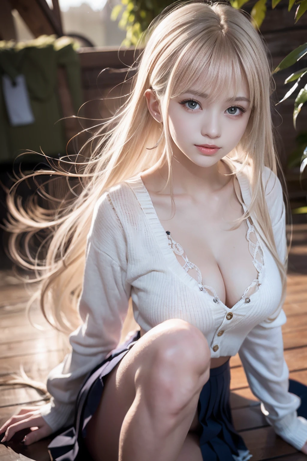 bright expression、poneyTail、Young shiny shiny white shiny skin、Best Looks、Blonde reflected light、Platinum blonde hair with dazzling highlights、shiny light hair,、Super long silky straight hair、Beautiful bangs that shine、Glowing crystal clear attractive big blue eyes、Very beautiful nice cute 16 year old girl、Lush bust,Beautiful detailed eyes, beautiful detailed nose,(( Full body:1.25)),Makeup that the eyes emphasize、((Mini pleated skirt with many folds)),(Women like Joan of Arc)、(((Big wooden cane)))，Royal style，Comic style, , Sub-surface scattering, ornate detail, nature backdrop, Hyper-realistic, Cinematic, Dramatic Lighting, masutepiece、fluffy hair、Shoulder knit sweater、Ultra-exposed cleavage、((uses magic:1.3))