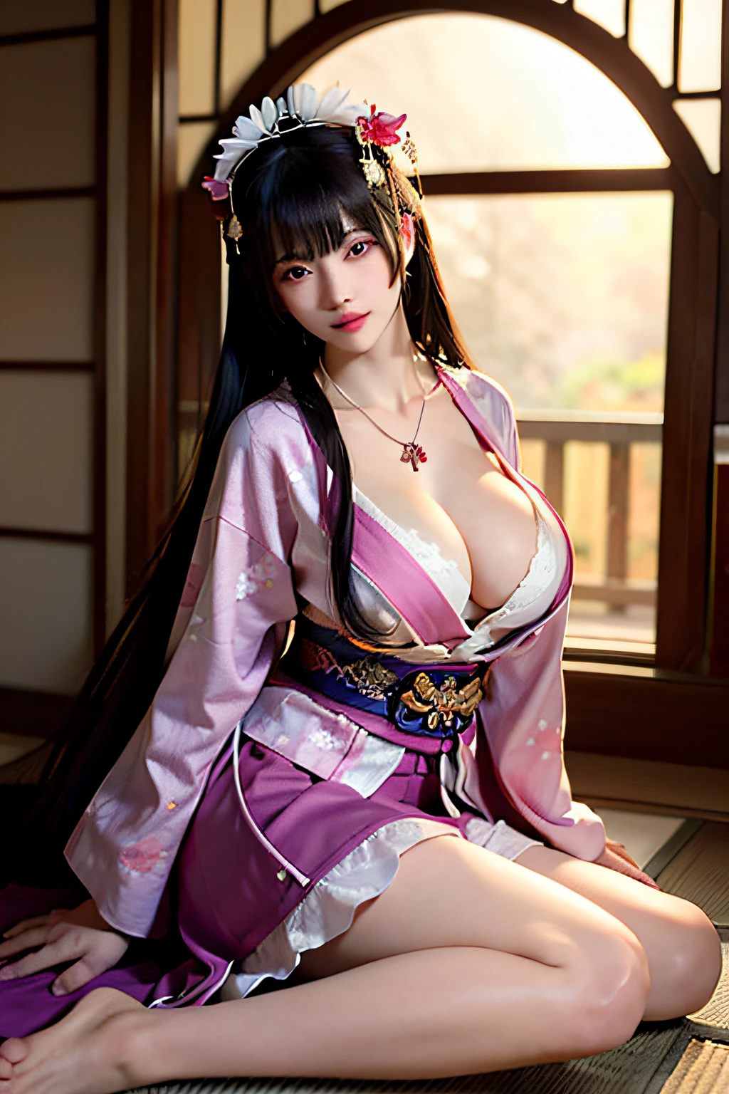 ((legs are open, the crotch is wide open)), (Cinematic light, Top quality, 8K, Masterpiece: 1.3), (world wonderful, Japan goddess, Japan Beautiful Girl, Koreainsta Goddess), (Upper body), (One girl), (necklace, Bracelet, anklet, leg loops), (Huge, cleavage, Exposed breasts, Sexy cleavage, Very detailed breasts), (Huge breasts), A la Fed woman in kimono, komono, classic kimono, komono, Japan kimono, long beautiful flowing kimono, intricate geisha kimono, Red or purple kimono,With floral motifs, Japanese style, in a kimono, legs are open, the crotch is wide open, inspired by Kano Hogai,