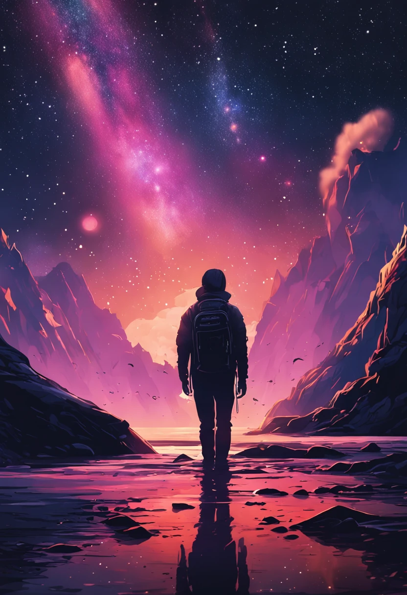A night landscape with a sky full of stars and a moving figure, reflecting the constant quest for adventure and exploration.