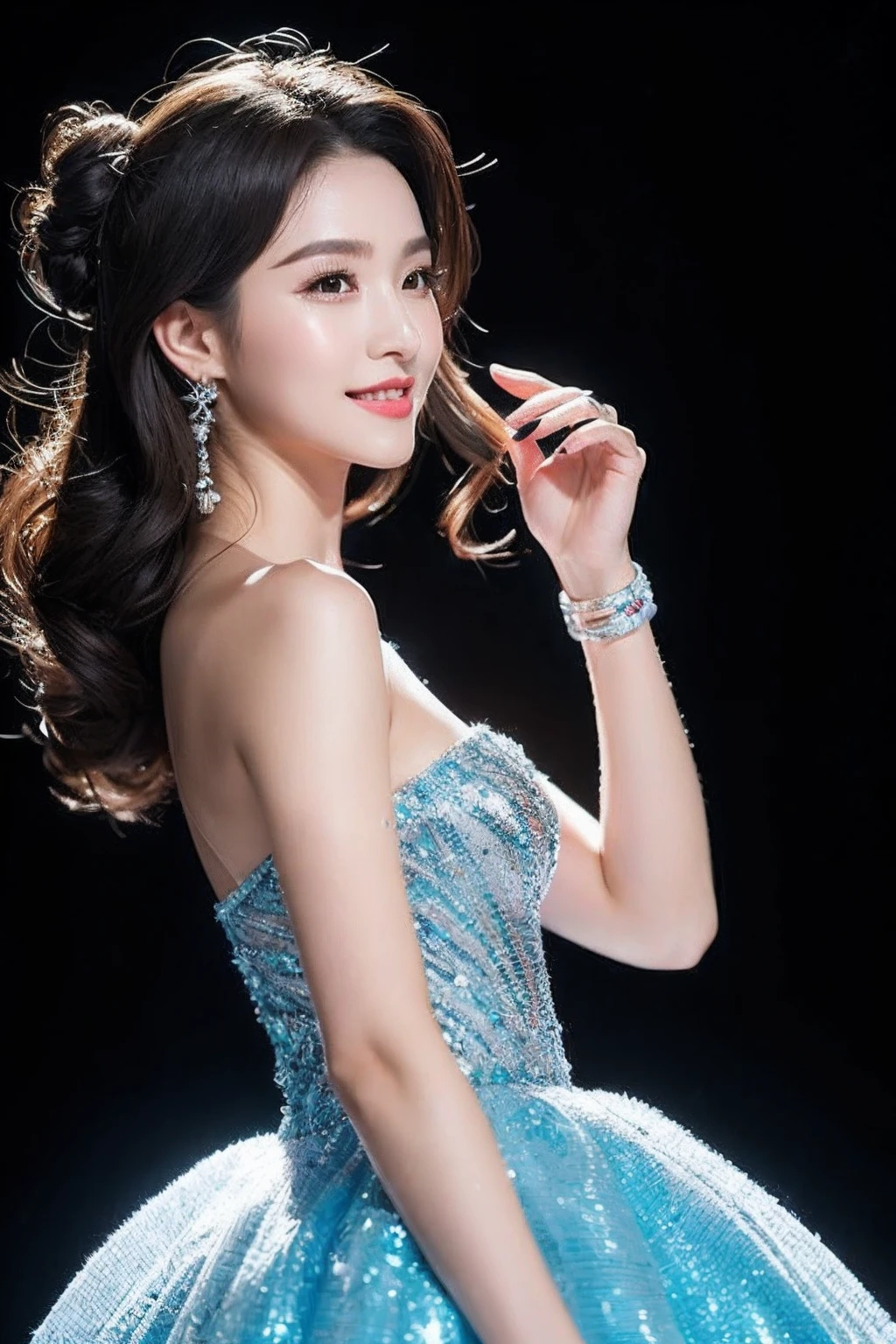 (8k,Best Picture Quality,A high resolution,Very detailed body details,full bodyesbian,动态照明,Very detailed faces)
Her dress was black,Complements the hues of the volcano。It is made of silk and tulle,The texture is light and soft,It was as if touching her skin。The dress is embroidered with delicate silver filigree patterns,Flashing with a shimmering light,Like stars dotting the dark night sky。The exquisite cut and streamlined design show off her perfect figure,Amazing。
Her hair was draped,Like a waterfall in the night。The delicate black hair shimmered with a silver glow,It was like moonlight shining on a black volcano。The hair on her forehead was pinned in a bun,Sandwiched by a silver-white flower,It adds a touch of freshness。
Her makeup is light and delicate。The eyes in her eyes were as blue as the sea,Reveal inner wisdom and firmness。Her eye shadow is a deep purple,This makes her eyes even more mysterious and charming。The slender and thick eyelashes flutter gently,Elegant and moving like a butterfly。She had crimson lipstick on her lips,Let her smile bloom like a flower,Exudes an alluring charm。
Matching her dress and makeup was a pair of shiny silver high heels。Noble and elegant design,This makes her steps lighter and more confident。She wears a silver bracelet and a delicate diamond bracelet on her wrist,Shining brightly。A pair of silver earrings are worn on his ears,Embellished her perfect silhouette,Exudes a sparkling brilliance。
On a black volcano,Her nobility and elegance are like a beautiful landscape。Her appearance, makeup, and clothing details all show her distinctive temperament,It's captivating。