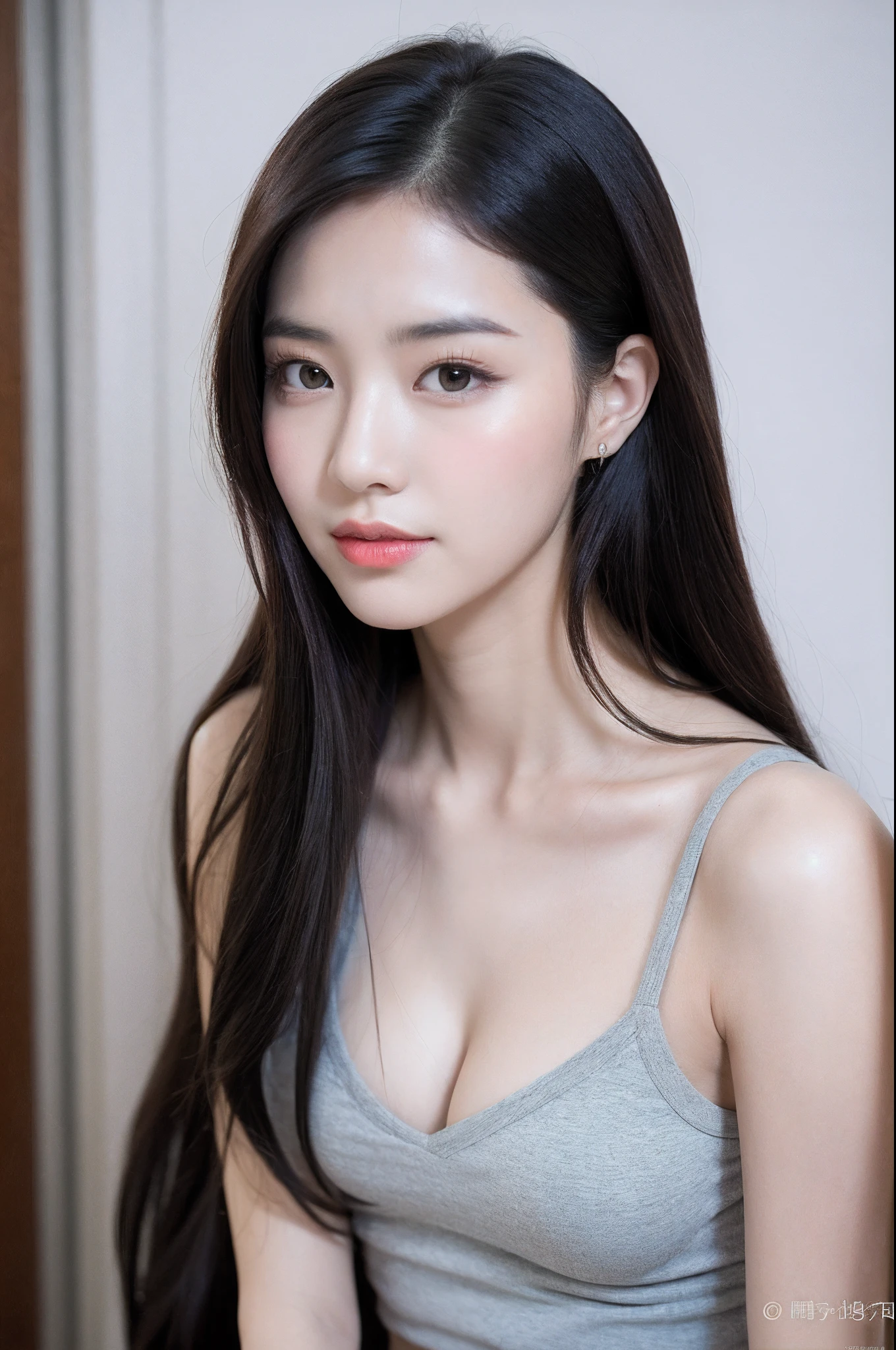 extremely detailed eye, extra detailed face, Best Quality ,masutepiece, Extremely detailed, Ultra-detailed, (Realistic, Photorealsitic:1.3), Smile, (facing front), Looking at Viewer, Neck Halter Sweater, 1girl in , slim figure、big breasts thin waist、in a office、cleavage of the breast、Slim Faces、Slim jaw、fashion modell