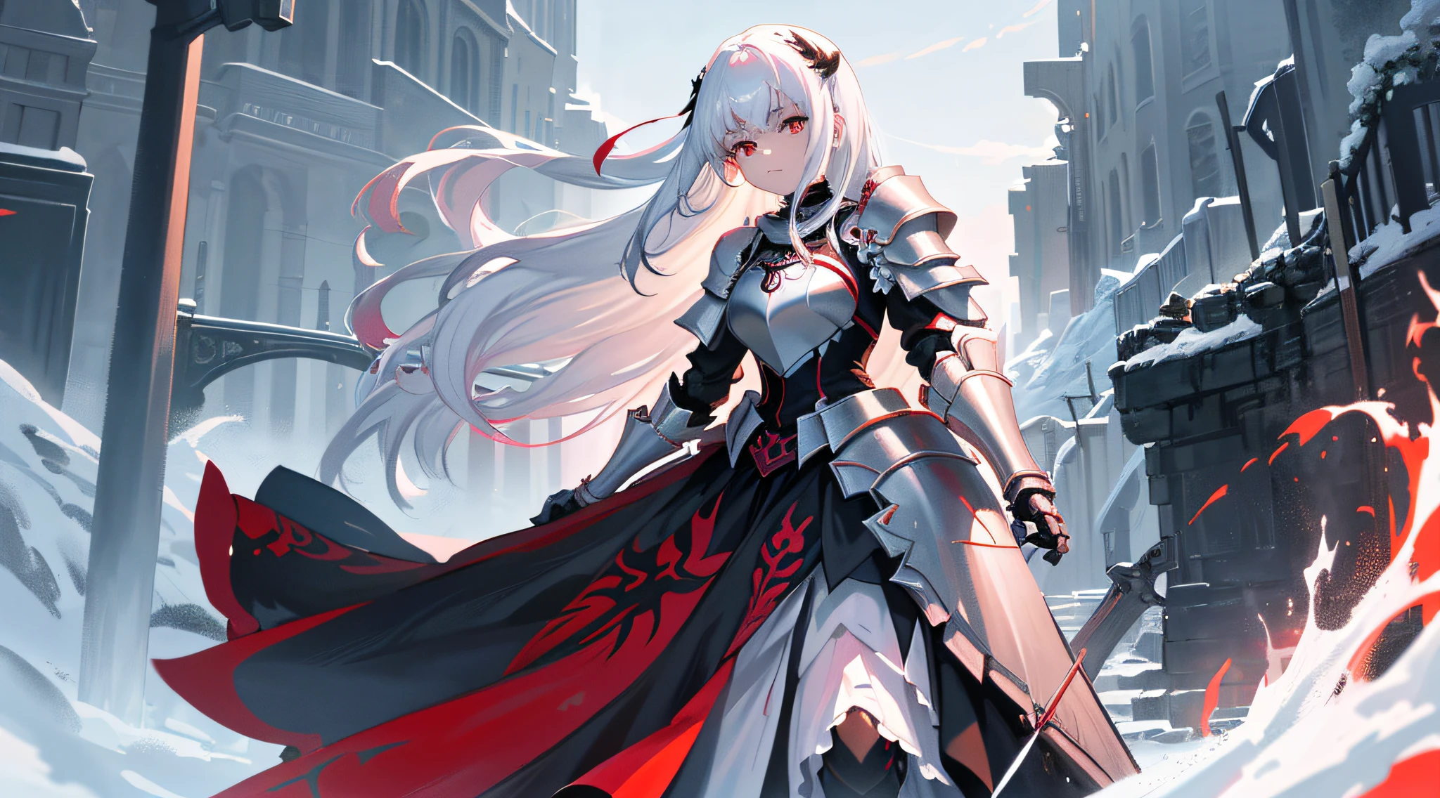 A girl,White hair and red eyes,long whitr hair,Original Character、fantasy concept art、Best shadow、shallowdepthoffield、Portrait of a noble knight、Dignified、Sad expression,Sophisticated tactical heavy armor、Tassel waistband、Hand Guard、Pauline、High quality armor texture,Stand up,Kneel on one knee,overcast day,Snow,Rose thorn shrub,(HighestQuali,astonishing detail:1.25),(独奏:1.3),Brilliant and colorful paintings