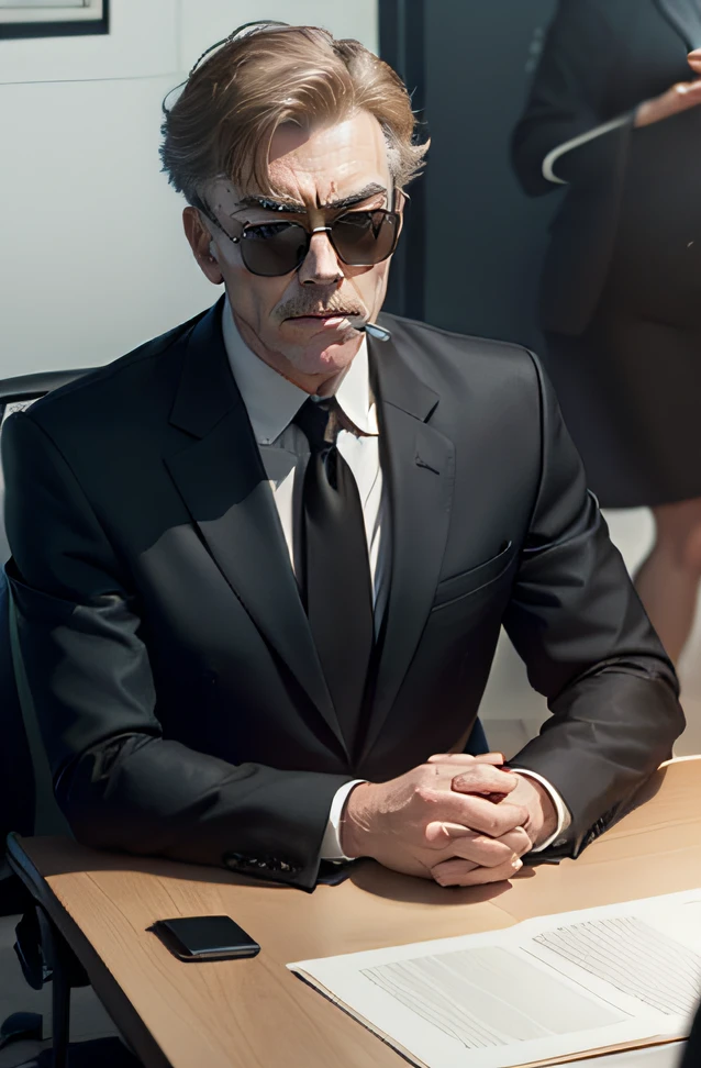 young jk simmons dressed as a CIA bureau chief, black suit, wearing black sunglasses, sitting in a conference room, smoking a cigarette