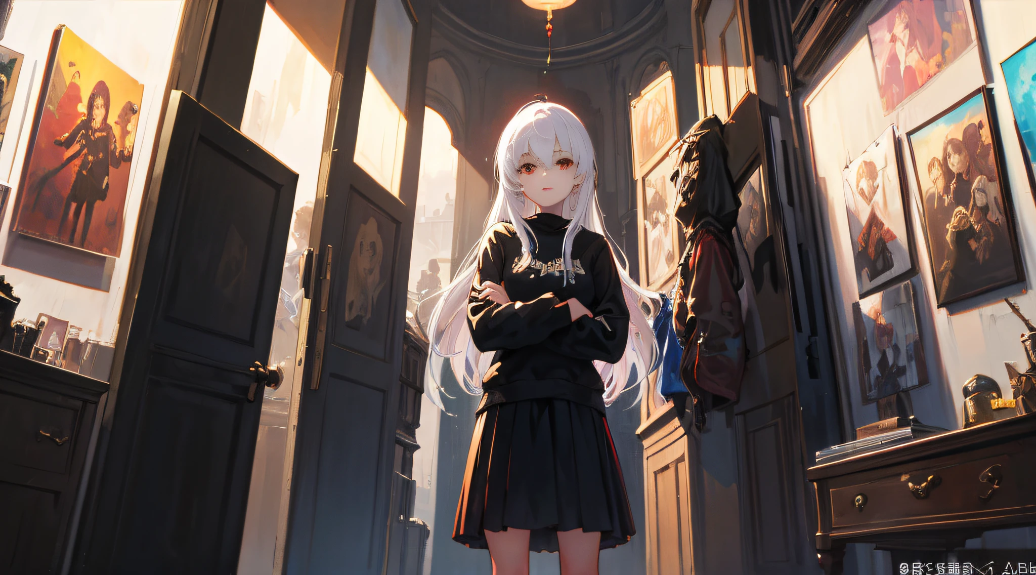 A girl,White hair and red eyes,long whitr hair,Sweatshirt skirt,Original Character、fantasy concept art、Volumetriclighting、Best shadow、shallowdepthoffield、Tassel waistband、Hand Guard、Pauline、Stand up,arms folded,Gaze towards the viewer,Dazzling sunlight,(HighestQuali,astonishing detail:1.25),(独奏:1.3),Brilliant and colorful paintings