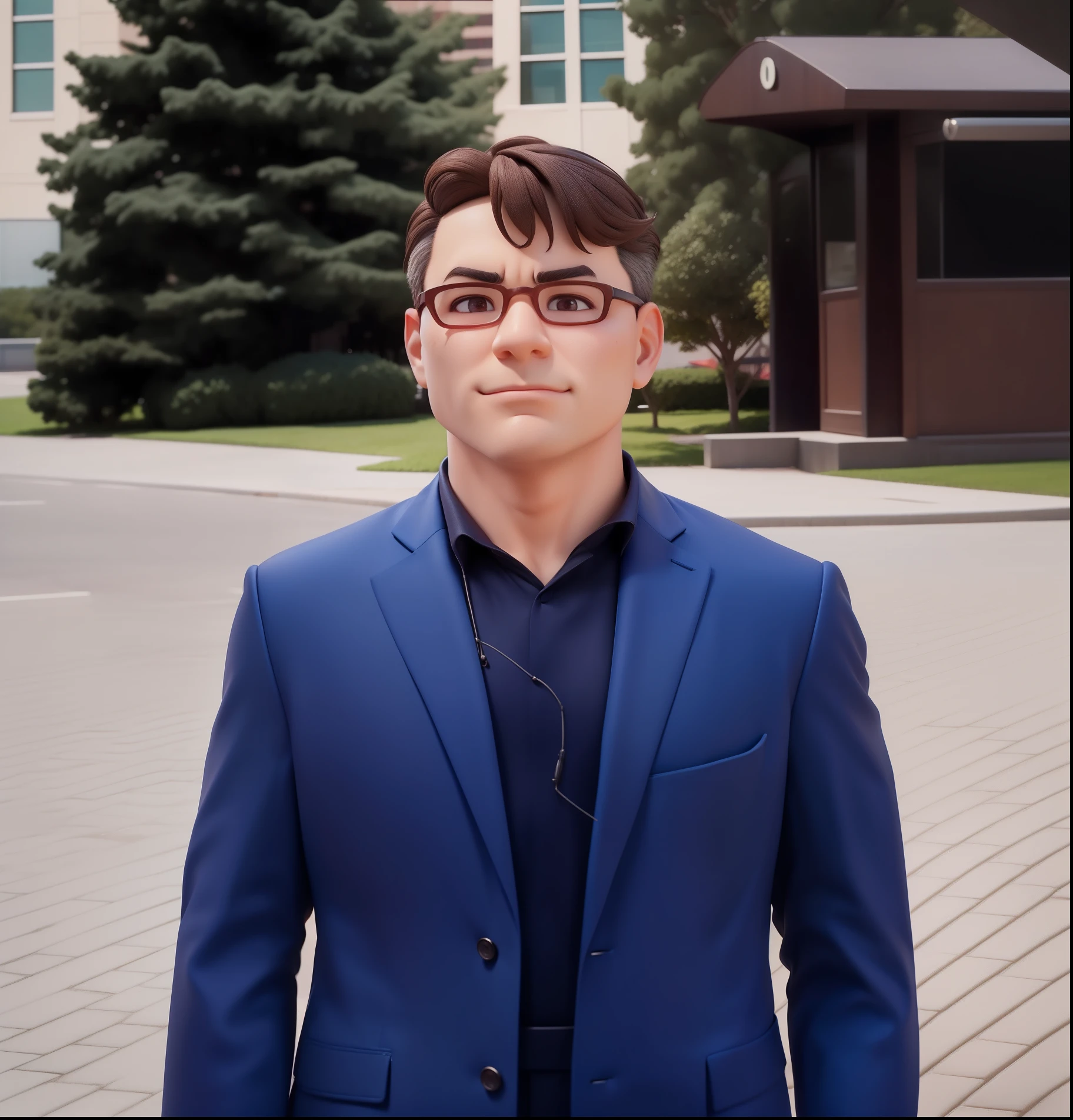 (Pixar 1.25 style) 1 man ((upper body front, bust shot)), solo, front, very comical face, very detailed eyes, brown eyes, very detailed nose, very detailed mouth, friendly, Korean, men's suit, bow tie, glasses, downtown area, ((masterpiece, highest quality)), (composite lighting)