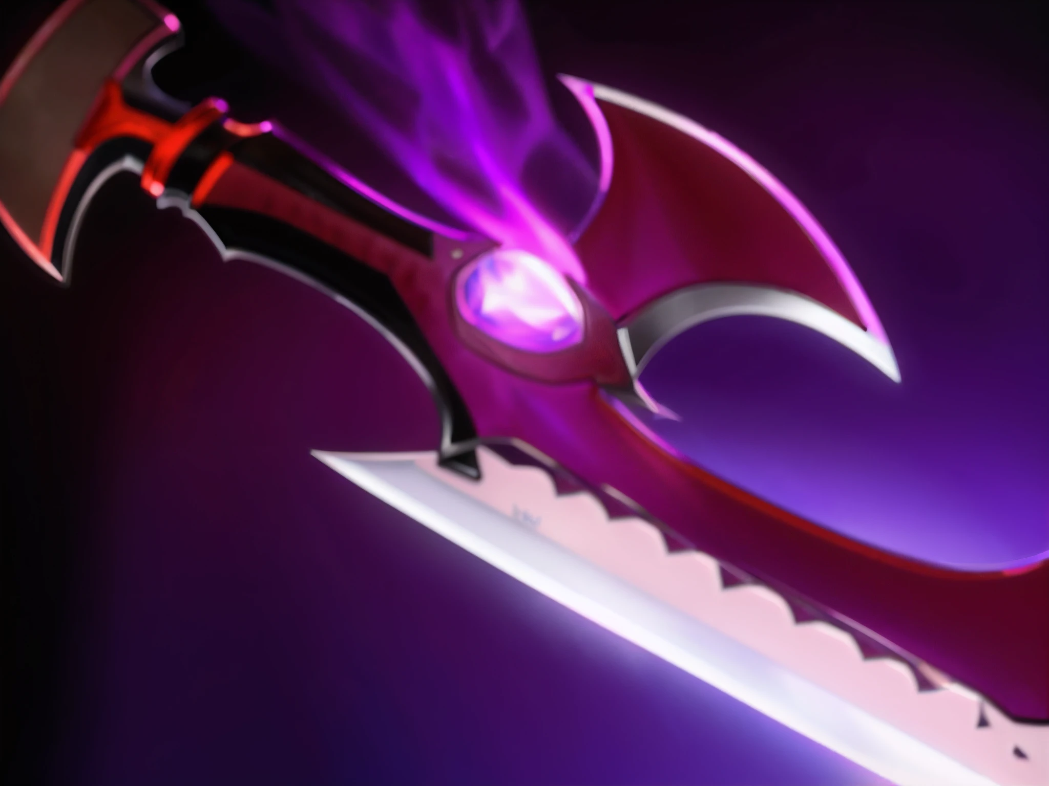 Purple and black knife，Red handle and illuminated blade, style of ghost blade, Fantasy Blade, war blade weapon, Glowing sword, shinning sword, sword slash, magical sword, Fantasy Scythe, fantasy sword, holographic blade!, ghostblade, jagged sword, legendary sword of technology, glowing green soul blade, fantasy weapon, Shining sword