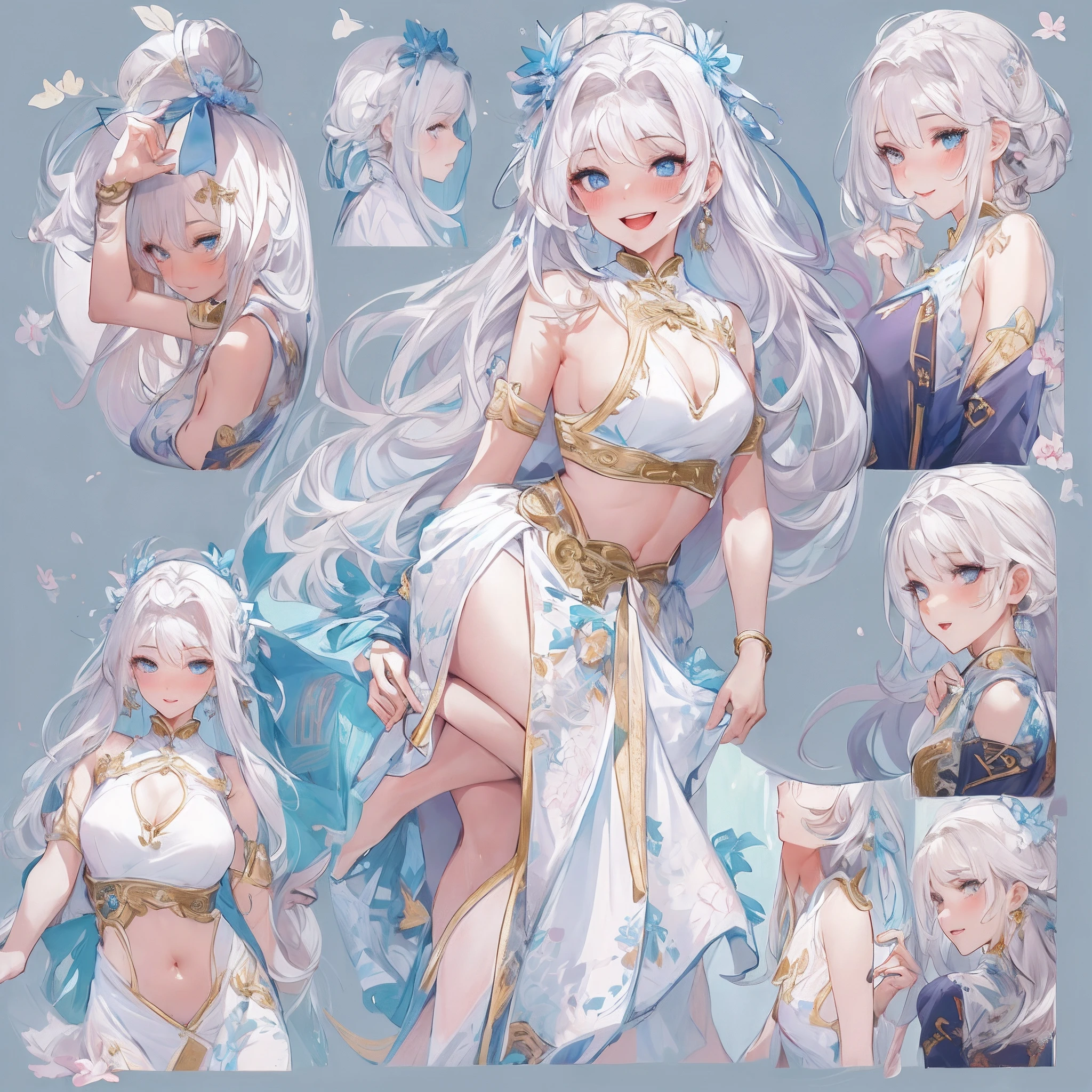 ((Masterpiece, Highest quality)), Detailed face, CharacterDesignSheet， full bodyesbian, Full of details, Multiple poses and expressions, Highly detailed, Depth, Many parts，Sexy cheongsam，1girll，blue color eyes，Seductive pose with long white hair， Blush, Smile，High Balance, Natural light