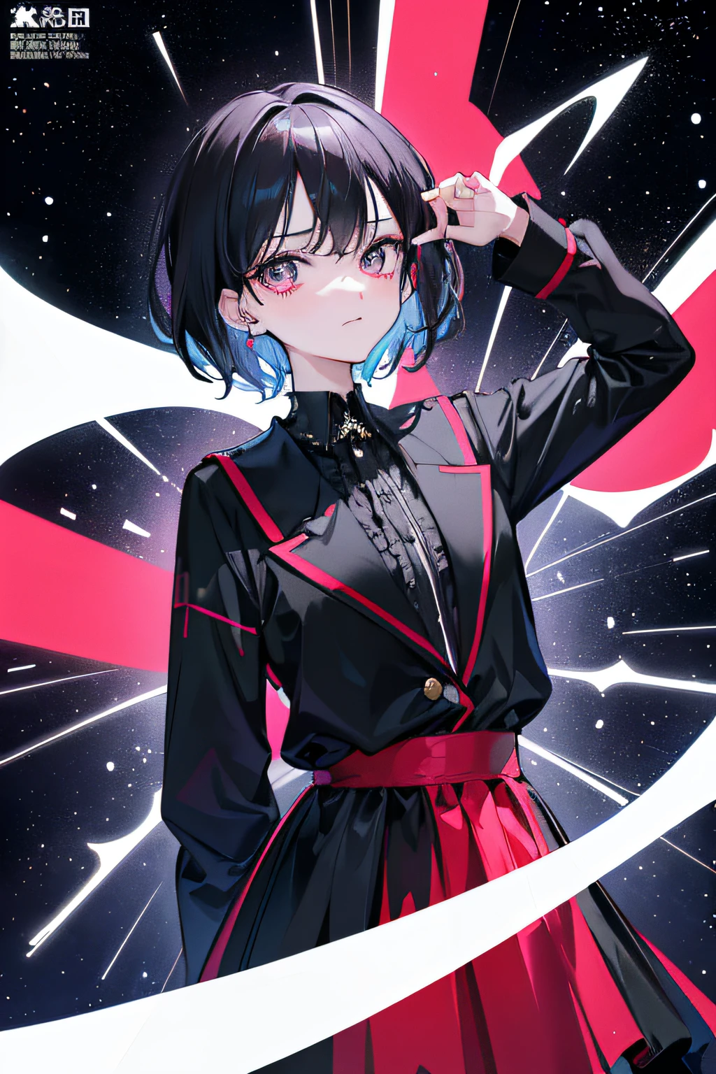 ((((Dramatic))), (((pessimism))), ((Sad)) The movie poster features a young woman as the central character。She stood in the center of the poster in frustration,with short black hair,The eyes are pink,She was sad,The expression of wanting to cry,Very sad,Sad,Wear trendy clothes, Avant-garde school uniforms,With a frustrated look on his face。The background is a starry night,There is a sense of pessimism and failure。The text is bold and eye-catching,With catchy slogans,Adds to the overall drama and excitement。The color palette is dominated by dark colors,Dotted with bright colors,Make the poster dynamic and visually striking,tachi-e (Magazines:1.3), (Cover-style:1.3), Fashionab, woman, vibrant, Outfit, posing on a, Front,rich colourful,dyna,Background with,element in,Not confident,Expressing the,halter,statement,Attachment,saddened,coil,Runt,Touching pubic area,Scenes,text,Cover of a,boldness,attention-grabbing,titles,Fashionab,typeface,Catchy,titles,more big,Smart、moderno、Trendy、focus-on、Fashionab、