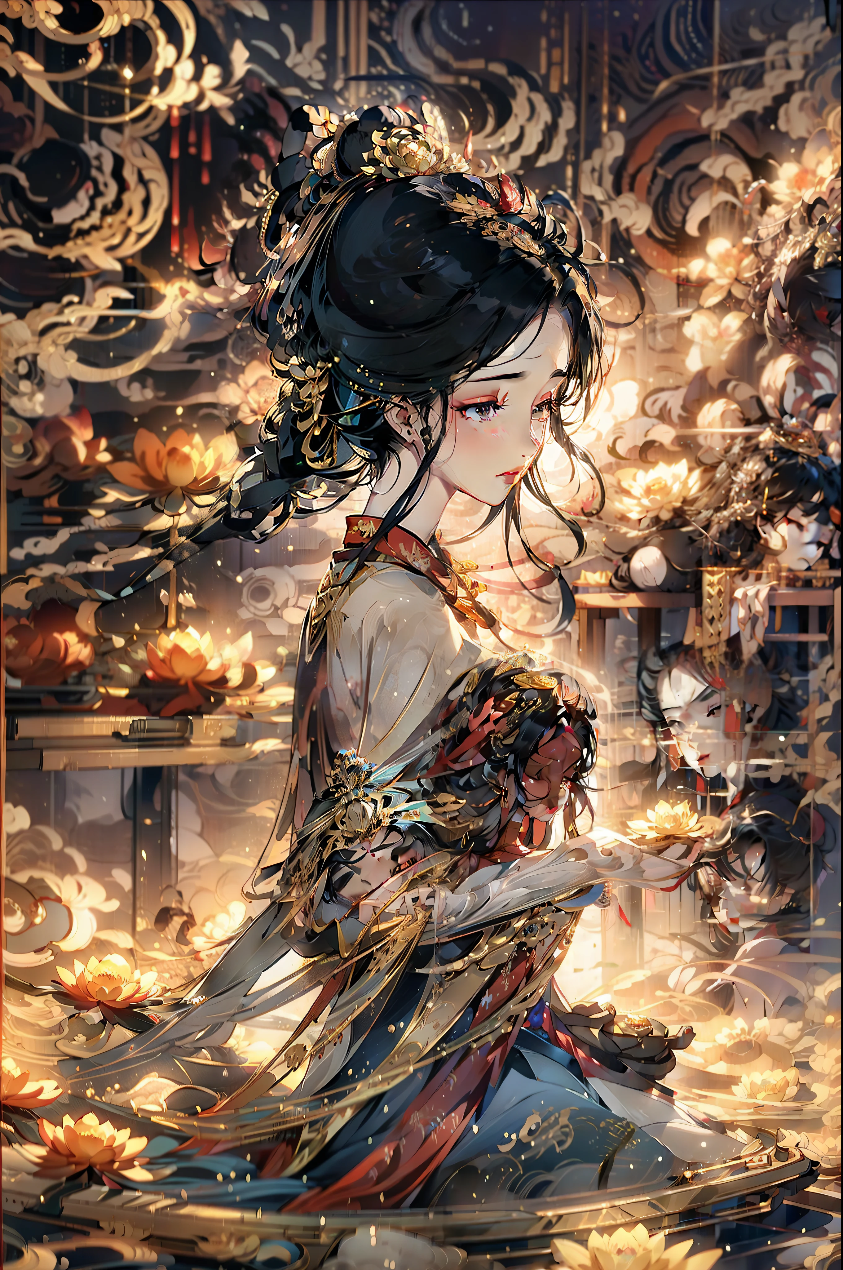 (Chinese immortals), (Buddhism), Multip_Hands,(mythological stories), (bodhisattva), She sits on a lotus, (Three hands on the left,Three hands on the right, Each hand holds a different Buddhist vessel, left right symmetry),(Delicate and beautiful face), (White silk robe)sitting on a lotus flower, Frontal photo,Light smile, neo-classical, OP Art, Chiaroscuro, Cinematic lighting, god light, Ray tracing, character sheets, projected inset, first person perspective, hyper HD, Masterpiece, ccurate, Textured skin, Super detail, High details, High quality, Award-Awarded, Best quality, A high resolution, Exquisite and perfect facial features,美丽细致的眼睛,long eyelasher,Delicate eyeliner,almond eyes,Beautiful lip details,8K high-definition,anatomy correct,Oil painting thick painting style
