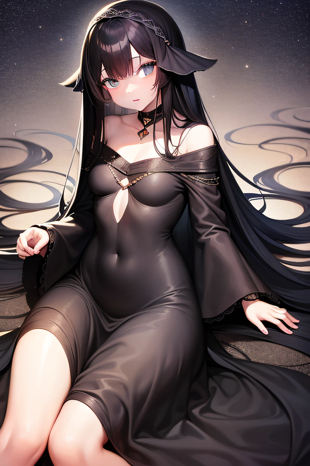 Extra-long black hair,Literary girl,fall asleep,Starry sky,Moe Sleeves,Eyes bandaged,Girl body type,The male