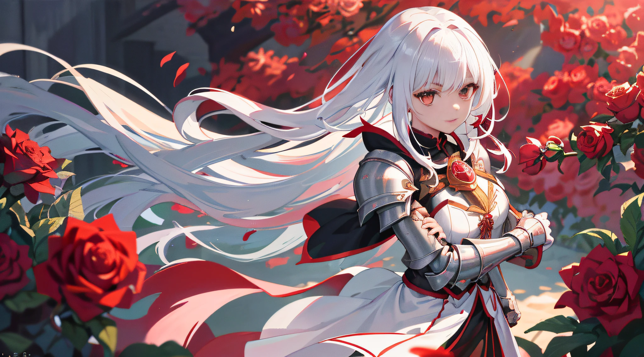 A teenage girl，White hair and red eyes，long whitr hair，Original Character、fantasy concept art、Volumetriclighting、Best shadow、shallowdepthoffield、Portrait of a noble knight、Dignified、Sophisticated tactical heavy armor、Tassel waistband、Hand Guard、Pauline、High quality armor texture，sword sheath，Stand up，arms folded，Gaze towards the viewer，Dazzling sunlight，Rose garden，Rose thorn shrub，（HighestQuali，astonishing detail：1.25），（独奏：1.3），Brilliant and colorful paintings