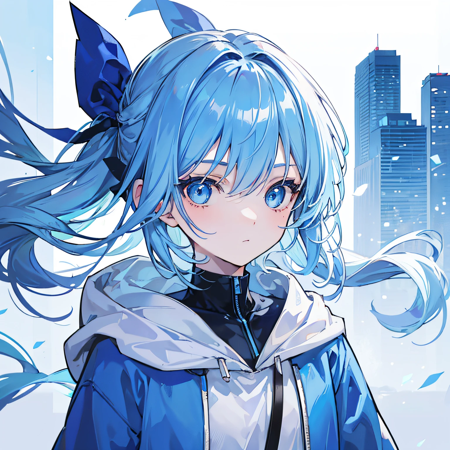 1girl, with light blue hair and blue eyes, wearing a hair ribbon and a blue and white hoodie. The scene is set in winter, with the girl looking directly at the viewer. This image can be used as a profile picture.City background.zoom-in on face.Masterpiece,high-quality,absurdres