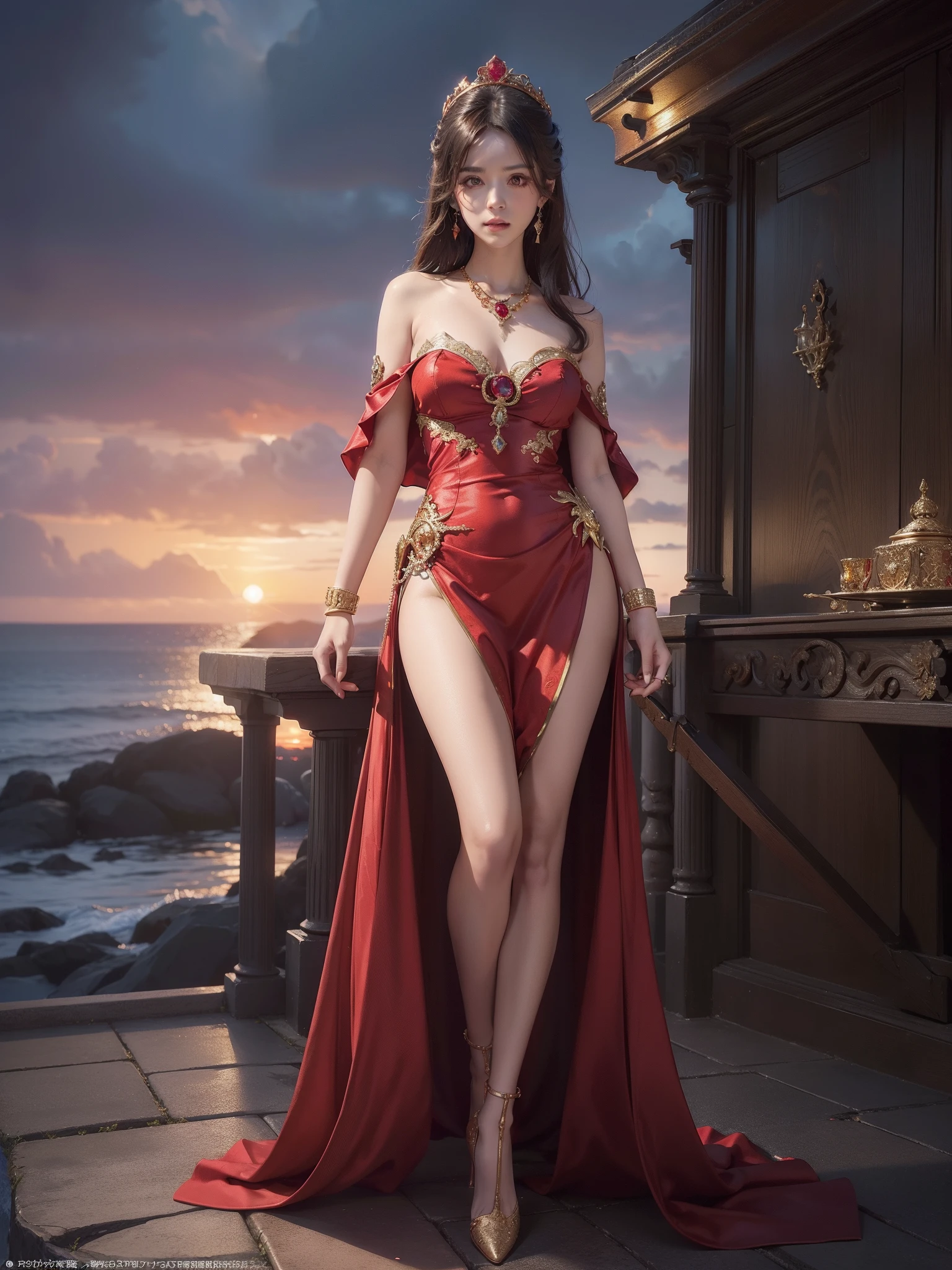 (((nffsw))), (((masutepiece))), (((8K))), (((hight resolution))), (((surrealism))), (((Cinematic lighting))), god rays, Zoom Layer, (((fullbody Shot))), F/4.0, canon, Shiny skin,Detailed skin,Detailed face, Detailed eyes, beautiful  Goddess Inspired by Vermilion Bird, Illuminated by vibrant sunset, the coastline , Dark brown vibrant wavy long hair, a vivid vermillion dress made of supple silk fabric, a dress adorned with flame-like patterns, beautiful face, shiny skin,detailed skin,detailed face,detailed eyes, a ruby and gold pendant, red gemstone earrings, red satin high heels embellished with gold decorations, swirling embers, and a radiant aur
