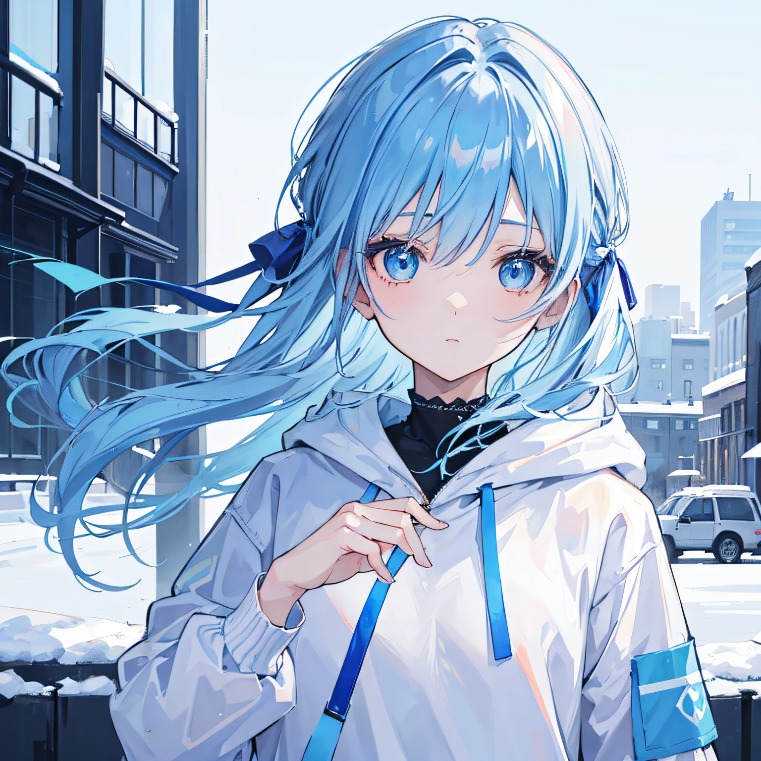 1girl, with light blue hair and blue eyes, wearing a hair ribbon and a blue and white hoodie. The scene is set in winter, with the girl looking directly at the viewer. This image can be used as a profile picture.City background.zoom-in on face.Masterpiece,high-quality,absurdres