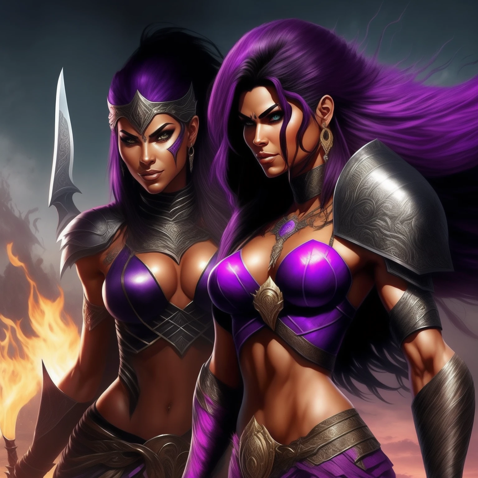 Female character, Hybrid of "ravena" e "mulher maravilha", espada, armadura, sexy, cabelo roxo, pele branca, pernas grossas, forte, bruxa, corpo definido, olho roxo