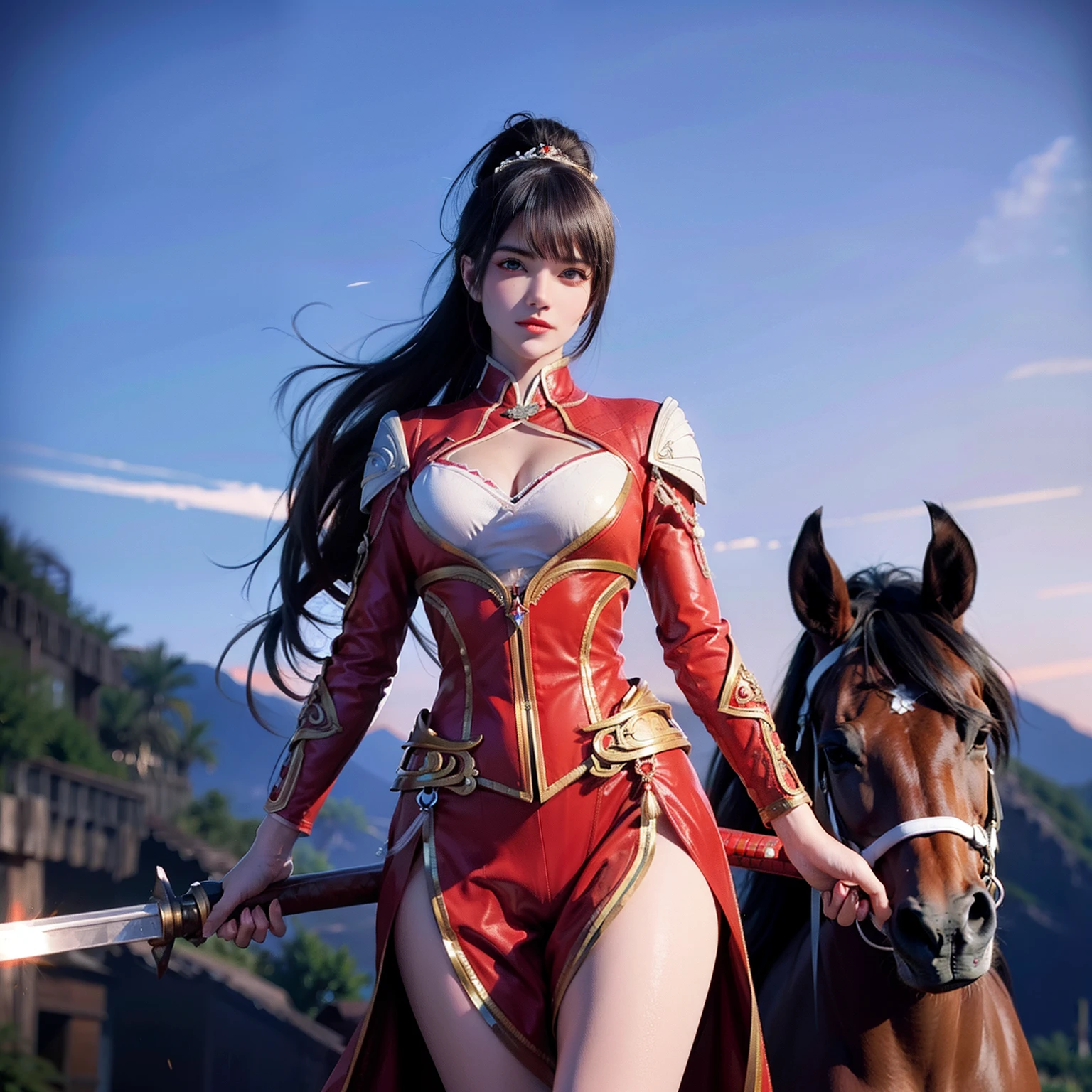 A woman in a red power suit,With a high ponytail,Crotch blue-maned horse,A long sword with a red sheath hangs diagonally from his waist,Beautiful eyes like electricity,Heroic and awe-inspiring