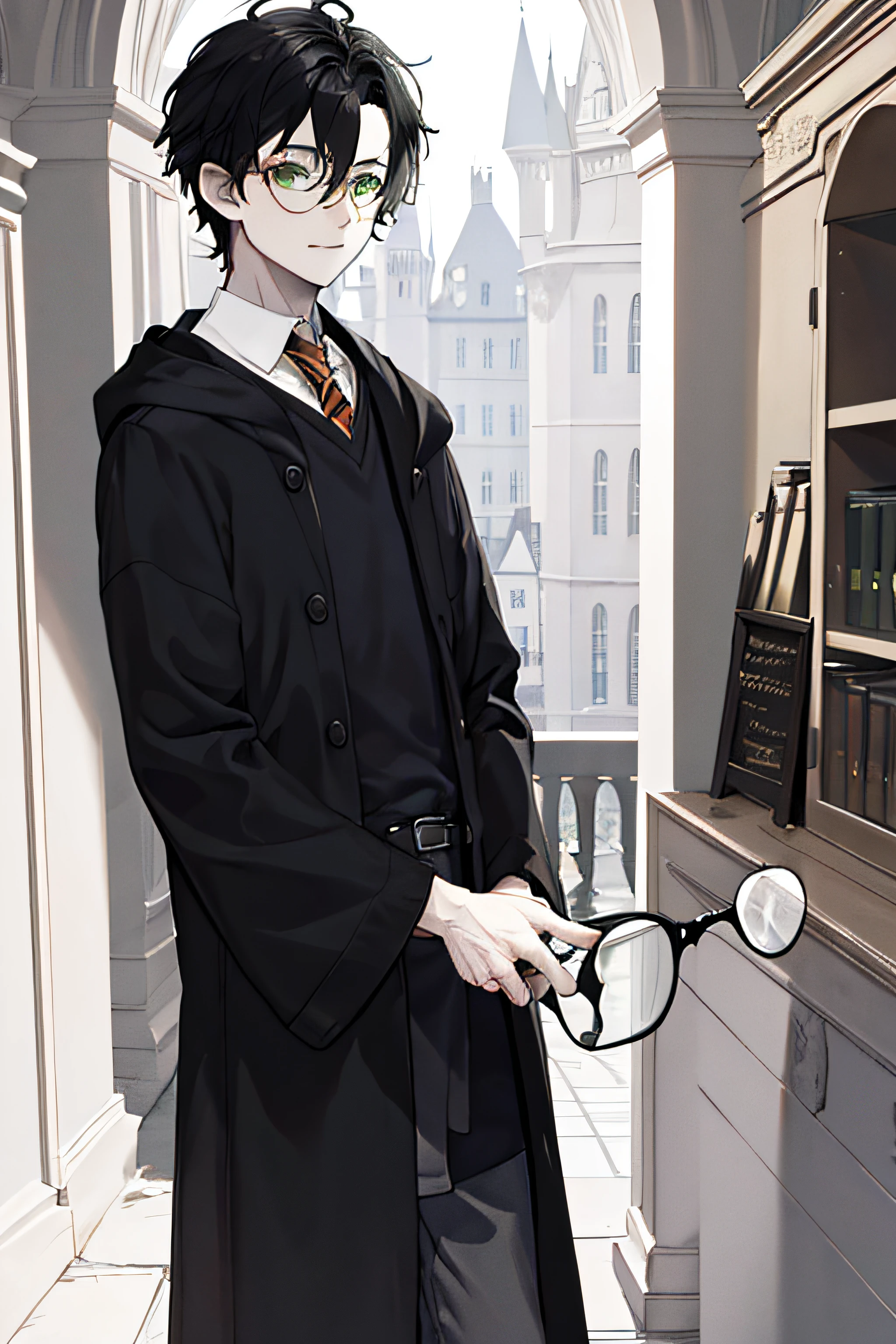 harry potter, naked, guy, black hair, tousled, green eyes, wear glasses, pale, neck