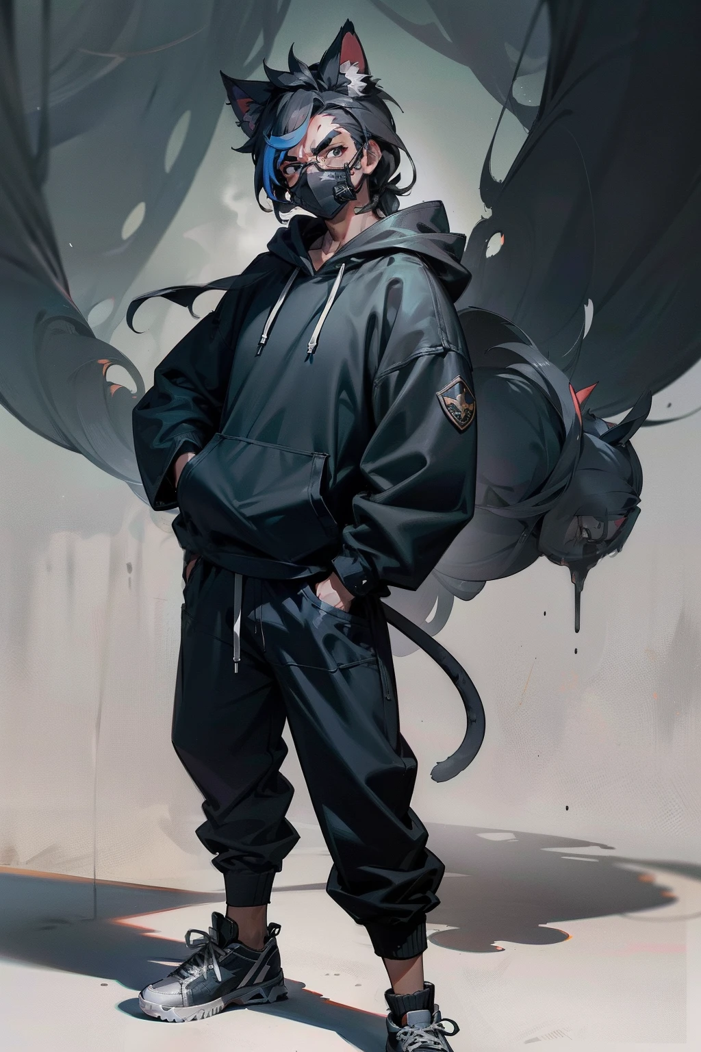 2D rugged build, Curtain hair, Dark hair, Fair face, Cat ears with bells, black hoodie, Silver sneakers, round eyewear, black jeans, gray eyes, ah high, serious look, standing tall, hands in the pocket of a hoodie, Black Face Mask