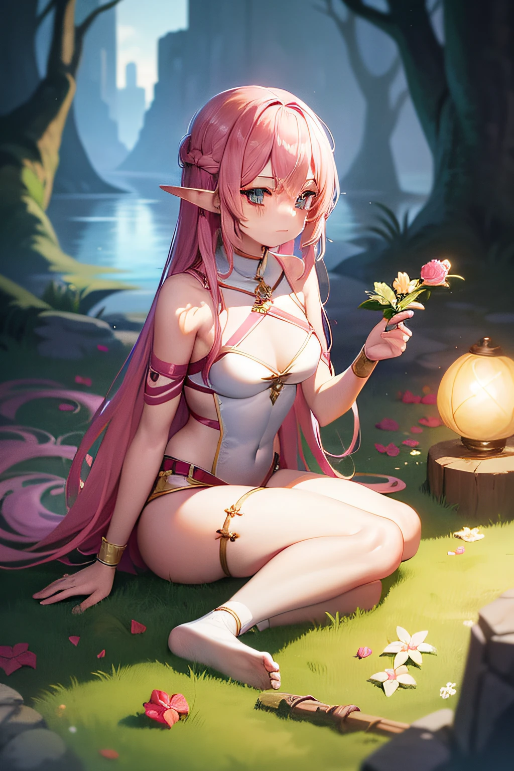 Pink hair,the elf,archer,Pink crystal,thorns,Flawless true self,The magic of beautiful girls,Forever Paradise,All of the above is broken。