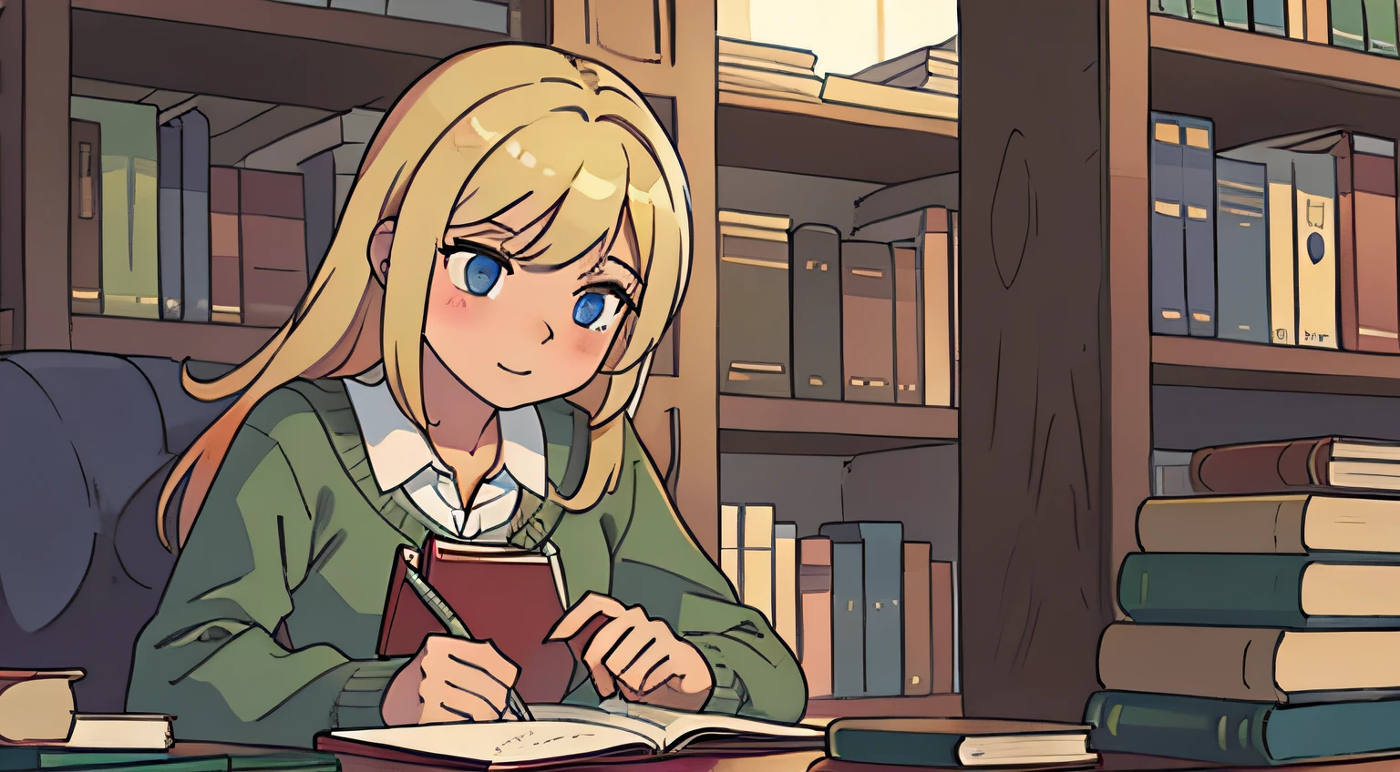 Blonde college student studying in library