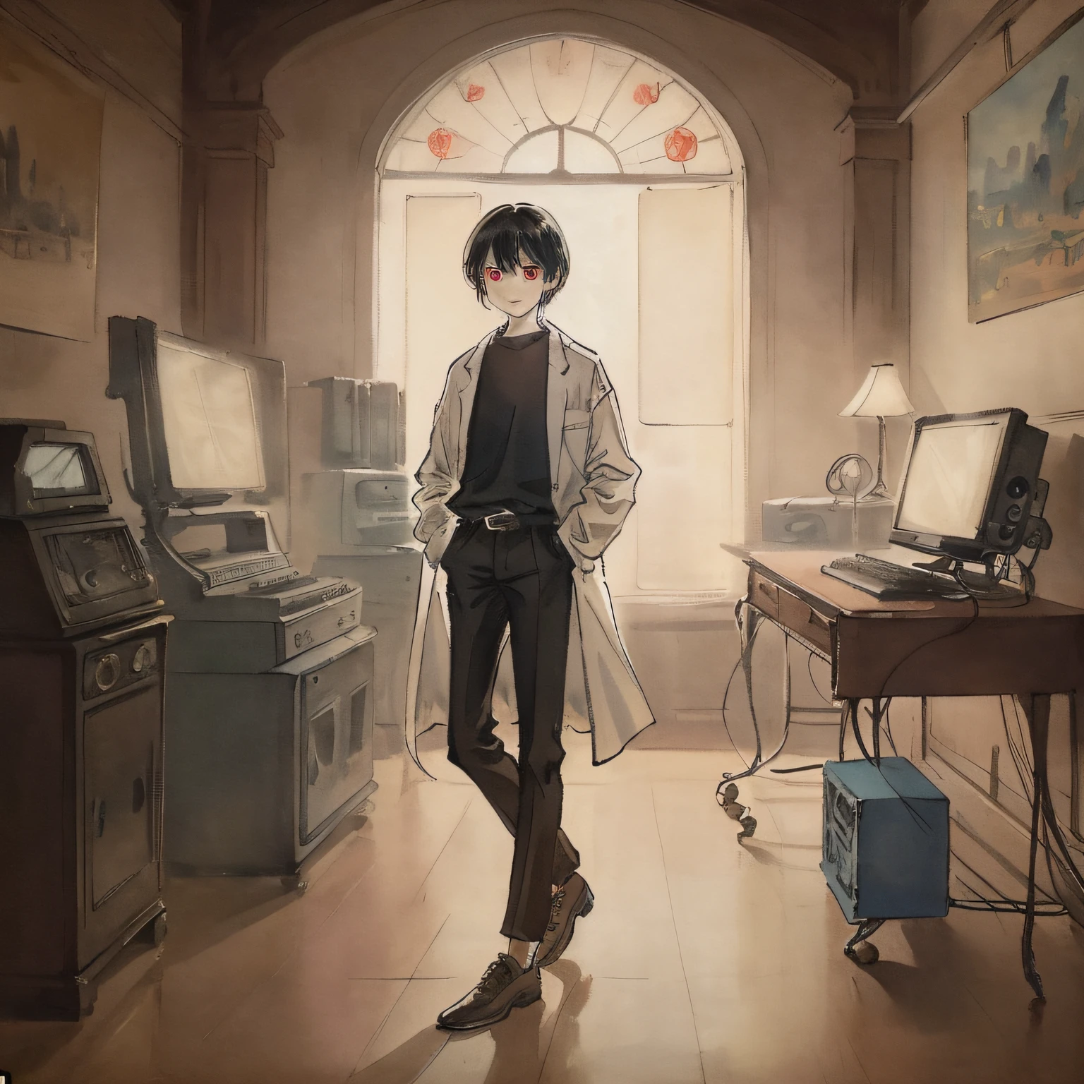 flat color, (masterpiece:1.5), (best quality:1.5), amazing, beautiful detailed, extremely detailed wallpaper, extremely detailed CG unity 8k wallpaper, extremely delicate and beautiful, finely detailed, extremely detailed wallpaper, fantasy, official art, detailed background, (beautiful detailed shadow: 1.5, cinematic lighting, backlight), [((symmetrical geometry, science fiction: 1.5, vacuumpunk: 1.5, 1960s (style): 1.5, ArtDeco), (control room, nixie tubes: 1.8, machines, silver, metallochrome, wires, vacuum tubes, old computers, simple screens))::0.75], [((solo: 1.5), (1 girl), (teenage girl, cute, extremely detailed eyes and face, clear eyes, clear face, white medium hair, red eyes, white lab coat: 1.5, hands in pocket: 1.5, black shirt: 1.5, black trousers, looking at viewer, light smile: 1.3, cropped torso: 1.8, medium close up: 1.5, waist shot: 1.5), depth of field): 0.25]

In the first 75%The step renders the background（Blue part），In the post 75%The step renders the character（Red part），The first 25 of them%is a separate rendering background，Middle 50%Render both the character and the background，After 25%Render characters individually，The same applies to any situation where complex elements need to be juggled。The syntax is[a::0.75], [b:0.25]。