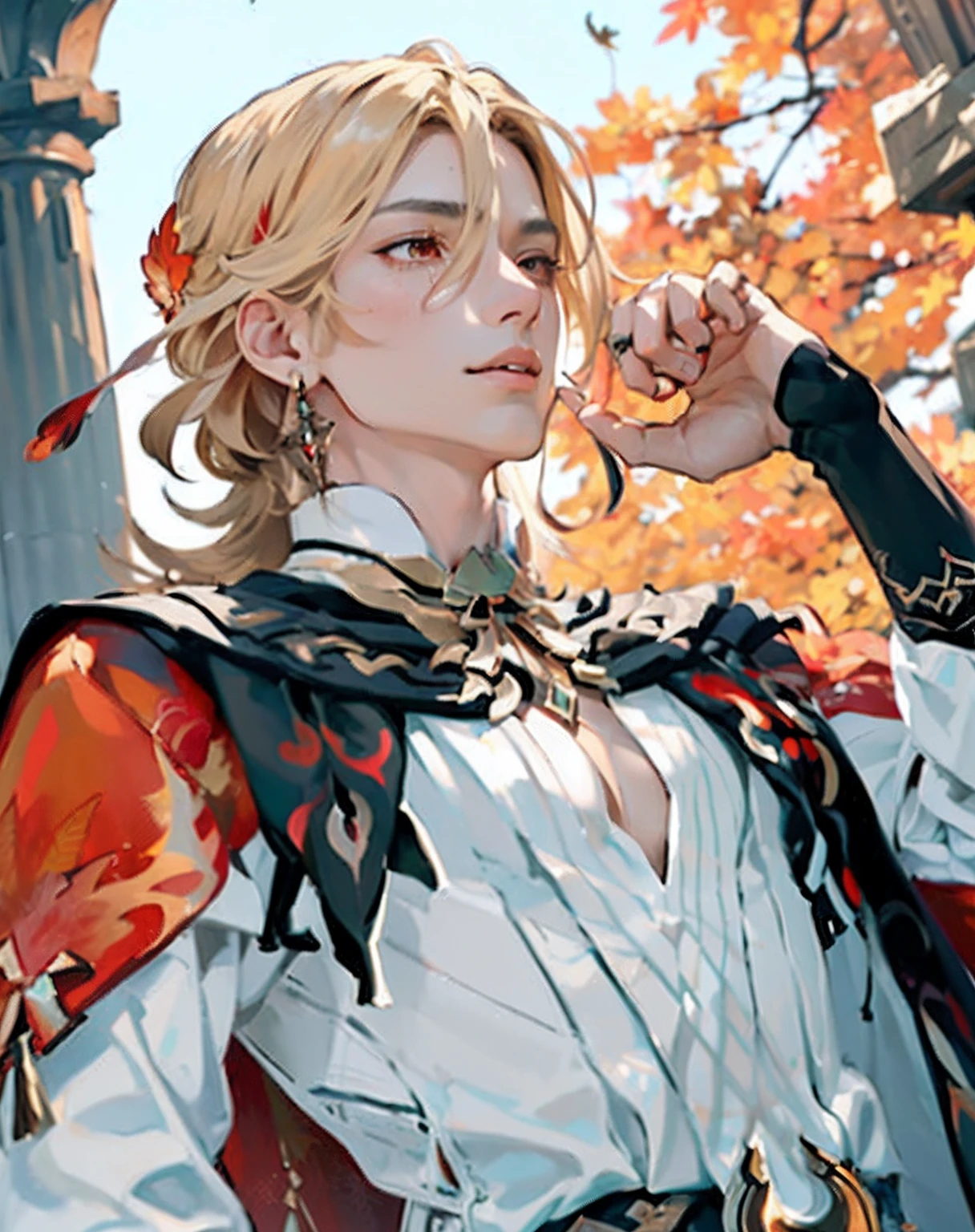 ((masterpiece, best quality)),  ((autumn, maple leaf, autumn orange leaves)), kaveh, blond hair, red eyes, ((black pants)), feather hair ornament, white shirt with red details and embroidery, 1man solo, walking outside, autumn trees, park with statues and columns, fullbody walking