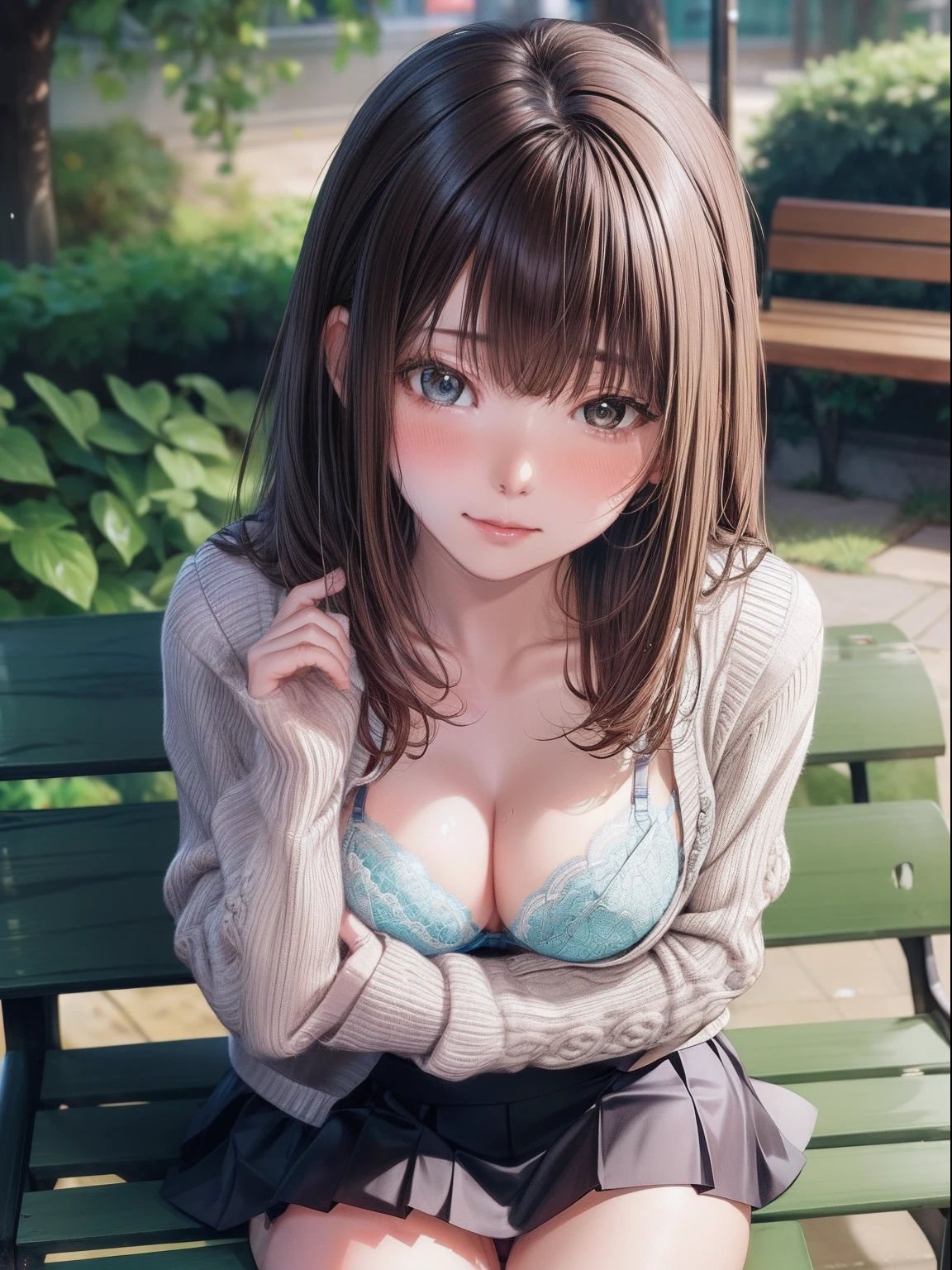(masterpiece), (best quality), (ultra detailed), 1girl, sexy pose, blush, ((open casual cardigan:1.2)), happy, looking at viewer, large hair, brown hair, in the night park with trees,bench, shy ,sitting on ground, ((solo)) ,worry, blush, naughty,from below,slim body,(shiny skin, wet skin:0.8), sweating, rainy,side, from front, from above,long wet hear, ((show off panties)), ((show off bra)), ((skirt)),