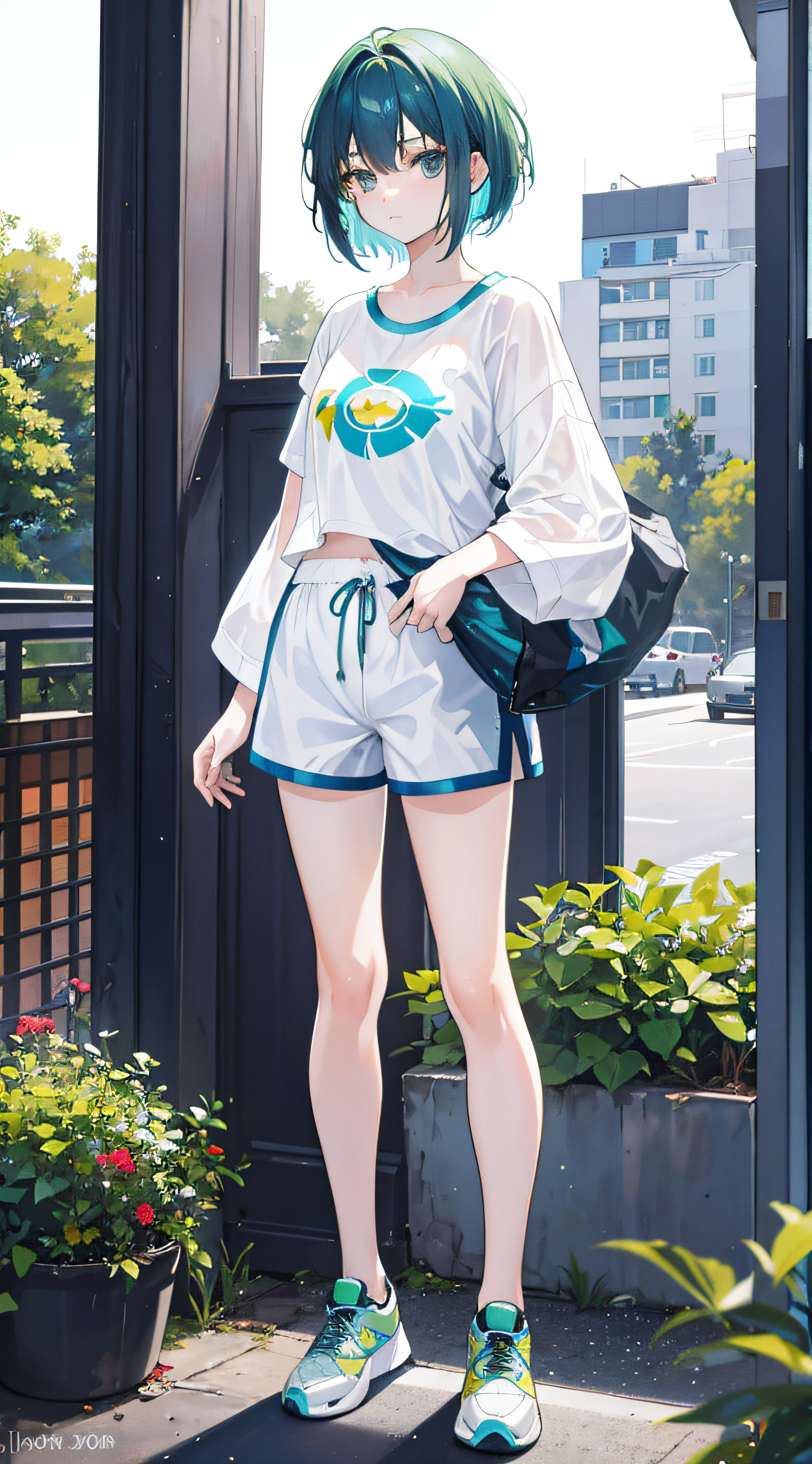 A nineteen-year-old girl，Blue-green hair ，The sun shines，Black colored eyes，combed hair，short detailed hair，White top pajamas，Bottoms super shorts，athletic sneakers，Hands naturally lowered，standing on your feet，full bodyesbian