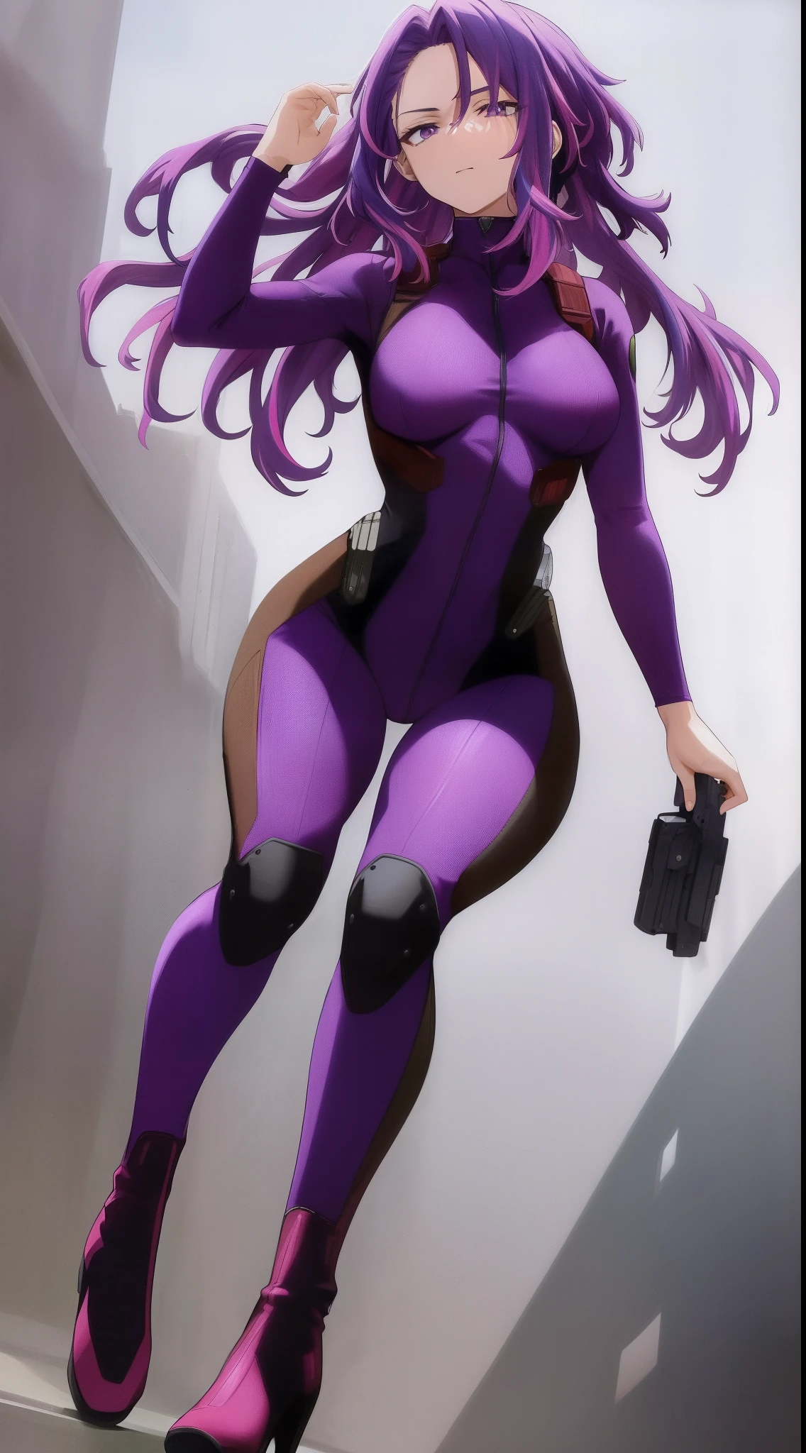 scan, (extremely detailed CG unity 8k wallpaper:1.1), highres, (1girl), lady nagant, boku no hero academia, (purple hair), (multicolored hair), (purple eyes), purple bodysuit, skintight bodysuit, purple high heeled boots, thighhigh heeled boots, full body, breasts