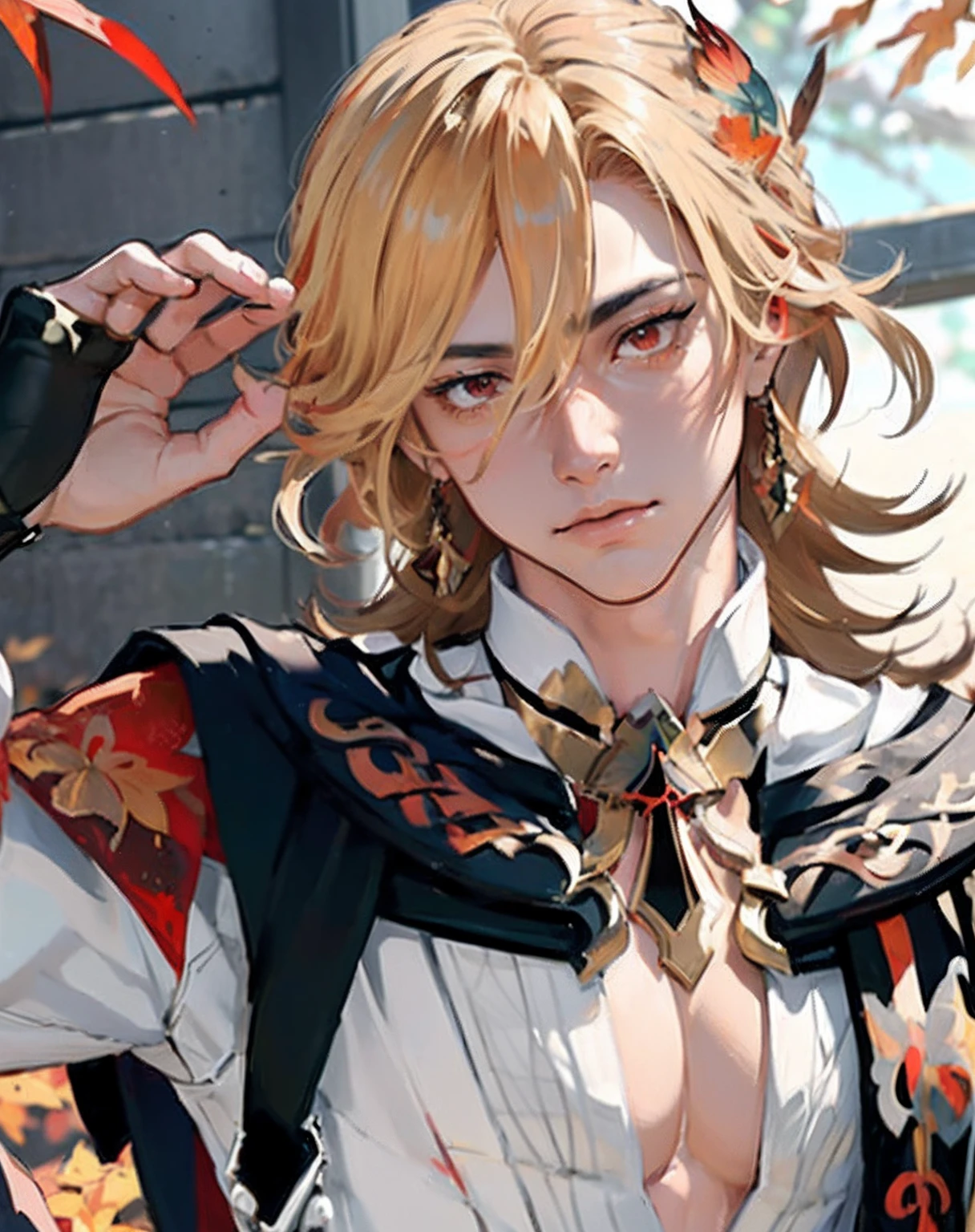 ((masterpiece, best quality)), ((autumn, maple leaf, autumn orange leaves)), kaveh, blond hair, red eyes, ((black pants)), feather hair ornament, white shirt with red details and embroidery, 1man solo, walking outside, autumn trees, park with statues and columns, fullbody walking