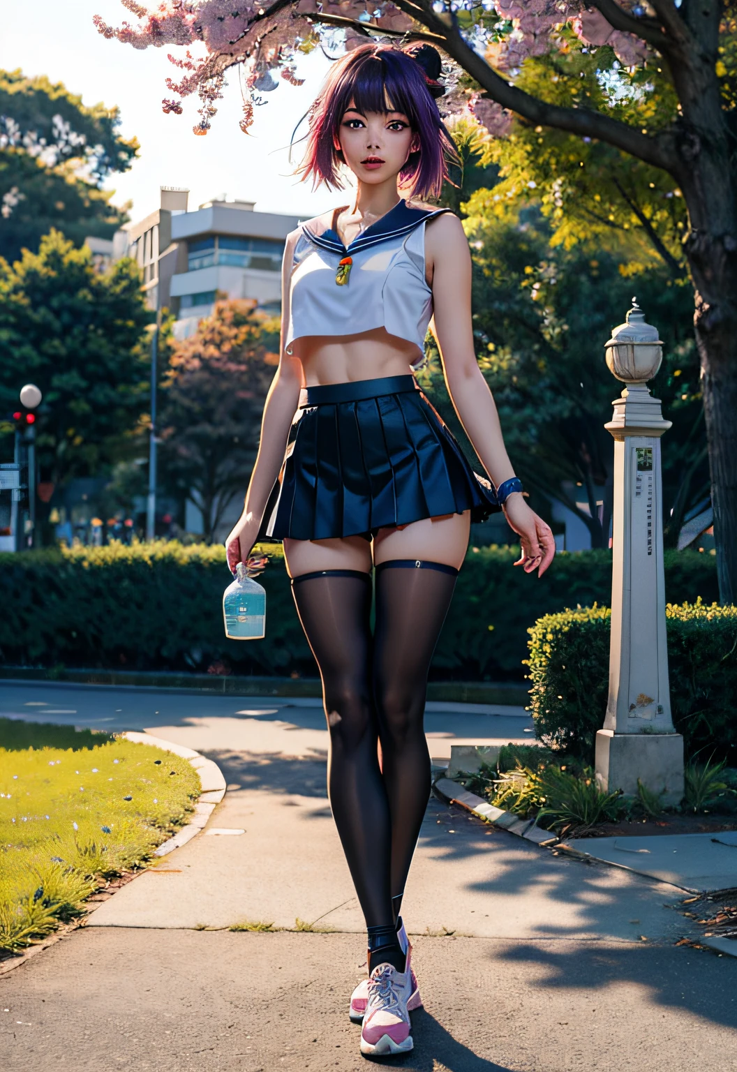 A beautiful Shibuya girl, waist length messy turquoise hair, heterochromia pink and purple eye color, navy blue crop top with sailor colar and matching skirt with navy blue torn leggings, happy, making soap iridiscent bubbles in park with sakura trees and fountain at sunset, Full body Beautiful anime style girl, clean detailed face, intracate clothing, analogous colors, glowing shadows, beautiful gradient, depth of field, clean image, high quality, high detail, high definition, Luminous Studio graphics engine, cute face, kawaii,big breast, slim waist, nice hips, Yamano Ayane