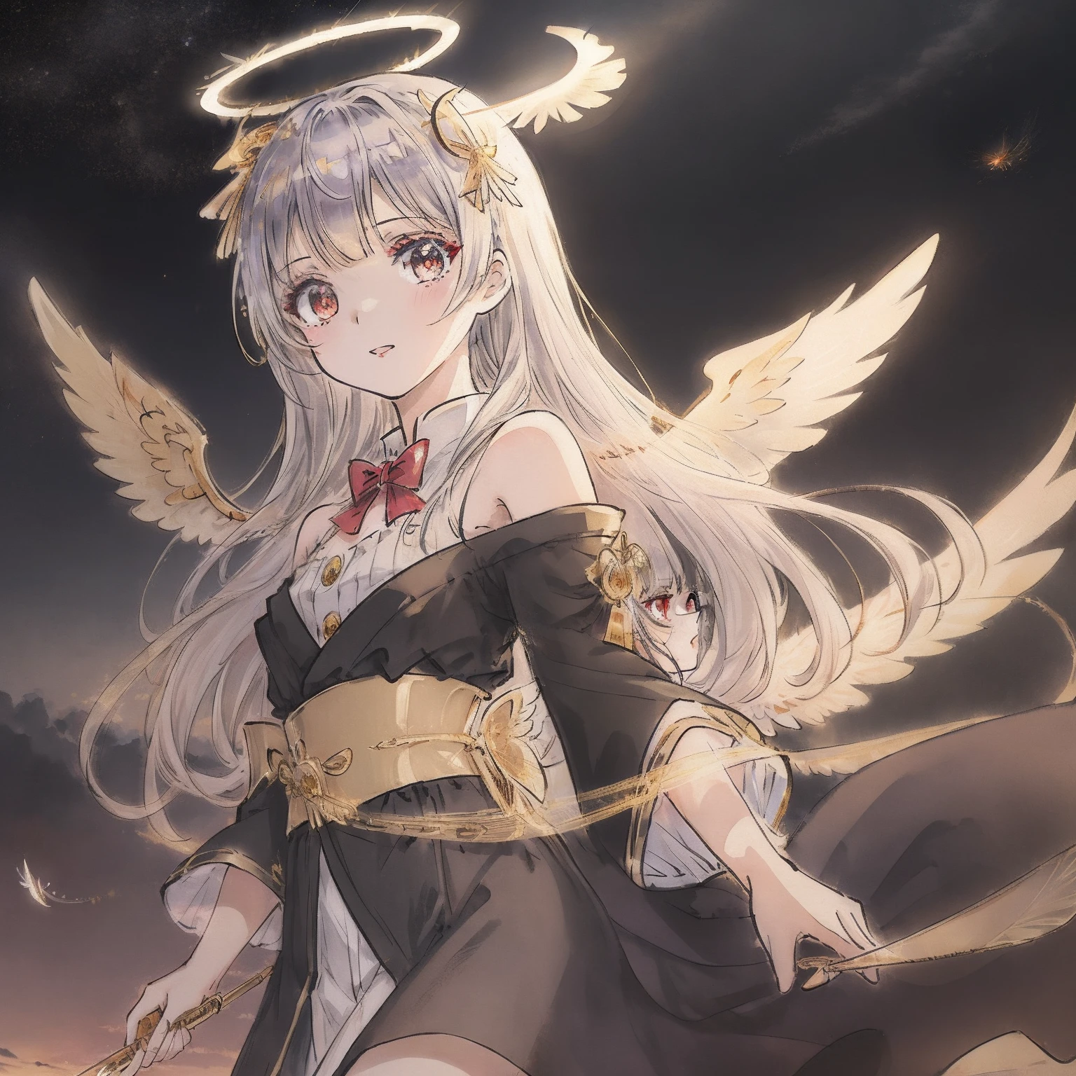 (((masutepiece))),(((Crystal Texture Hair))),(((((extremely details CG))))),((8K_Wallpaper)), (1 rapariga:1.5),big top sleeves, floating,Beautiful detailed eyes, Overexposure, Side blunt bangs, buttoning, Bare shoulders,(Lori),light Shafts, Soft Focus, Character Focus,Wings,(((Transparent wings))),
[[((Wings made of golden wire,angel wing,gold halo around girl,Many Golden Ribbons,Areate Headgear,Gold Magic Circle in the Sky,nffsw, Black sky):1.3):((galaxies background, yuki, nigh sky, black pupils, Start sky background, Stars behind girls, Sky view,Standing):0.8)],[(Elegant Hair,Long hair,Flying golden line,Messy golden lines,Halo,hairs between eyes,Small breasts,bow ribbon, a bow tie,Red Eyes, Golden pupil, White hair,Flowing hair,disheveled hair,Lower long hair):(Delicate arm and  hands):0.8]