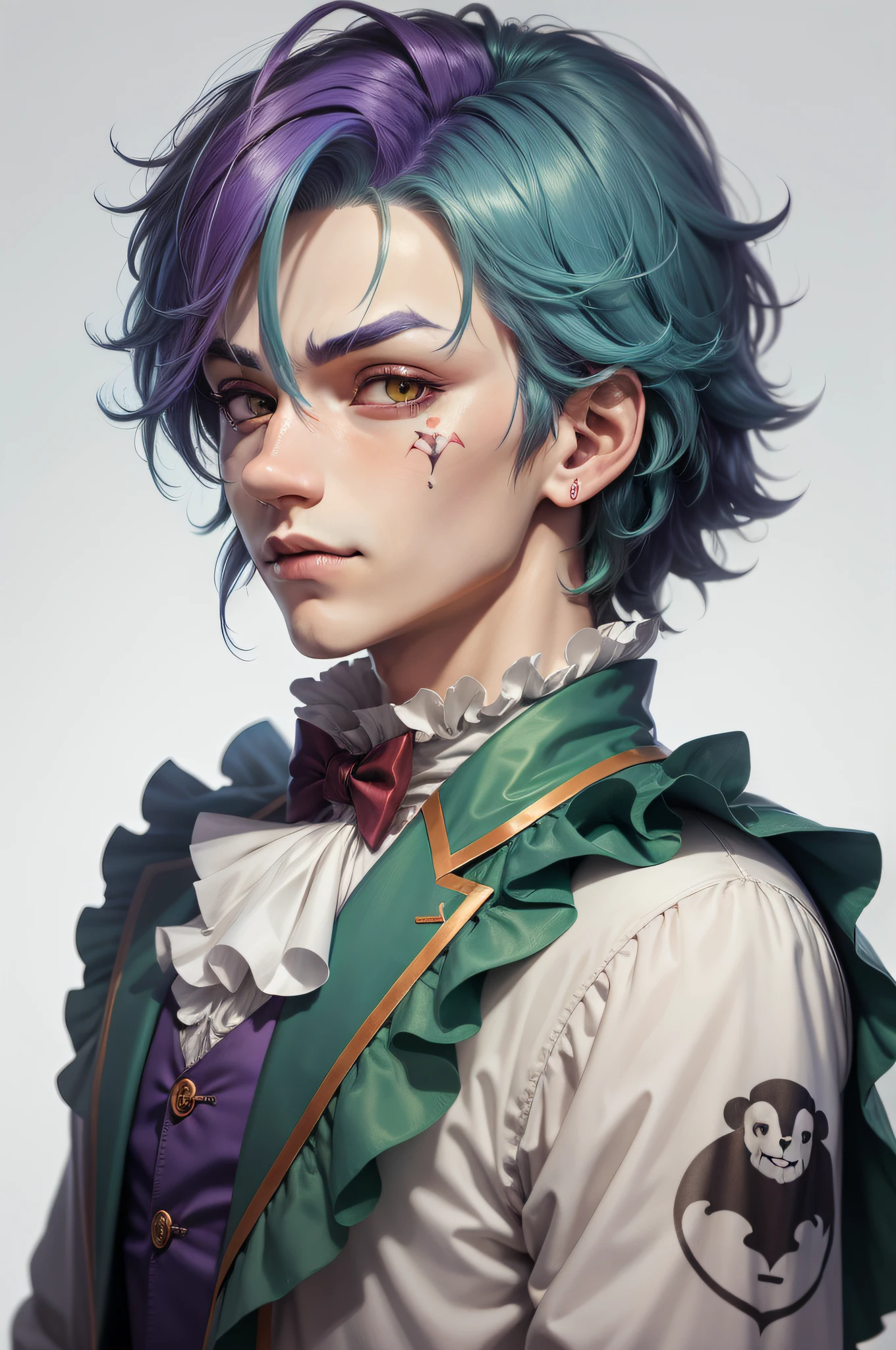 Clown avatar,Close-up of the head,Only head and shoulder positions are displayed,ember,Wallpapers,Anime handsome boy,pan,Green hair,Purple colored hair,Hair has gradient color,White suit or dress,white backgrounid,Red round nose of the clown,Clown's mouth,Handsome nose,Pointed chin,Azure pupils,ssmile,年轻