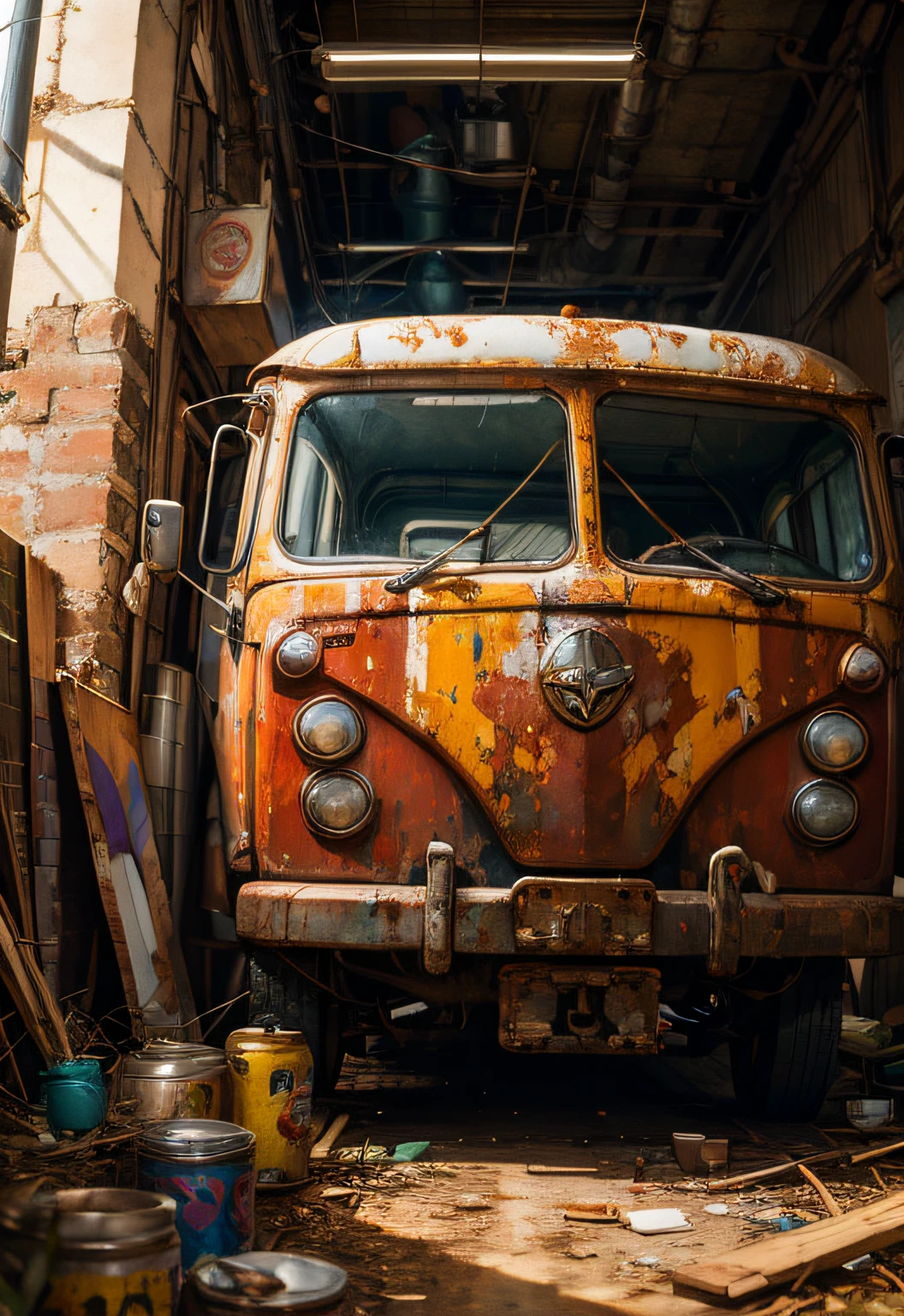 masterpiece、top-quality、top-quality、Close up photo of three colorful rusty oil cans painted in an abandoned factory、ighly detailed、colourfull、highestdetailed、Look straight ahead