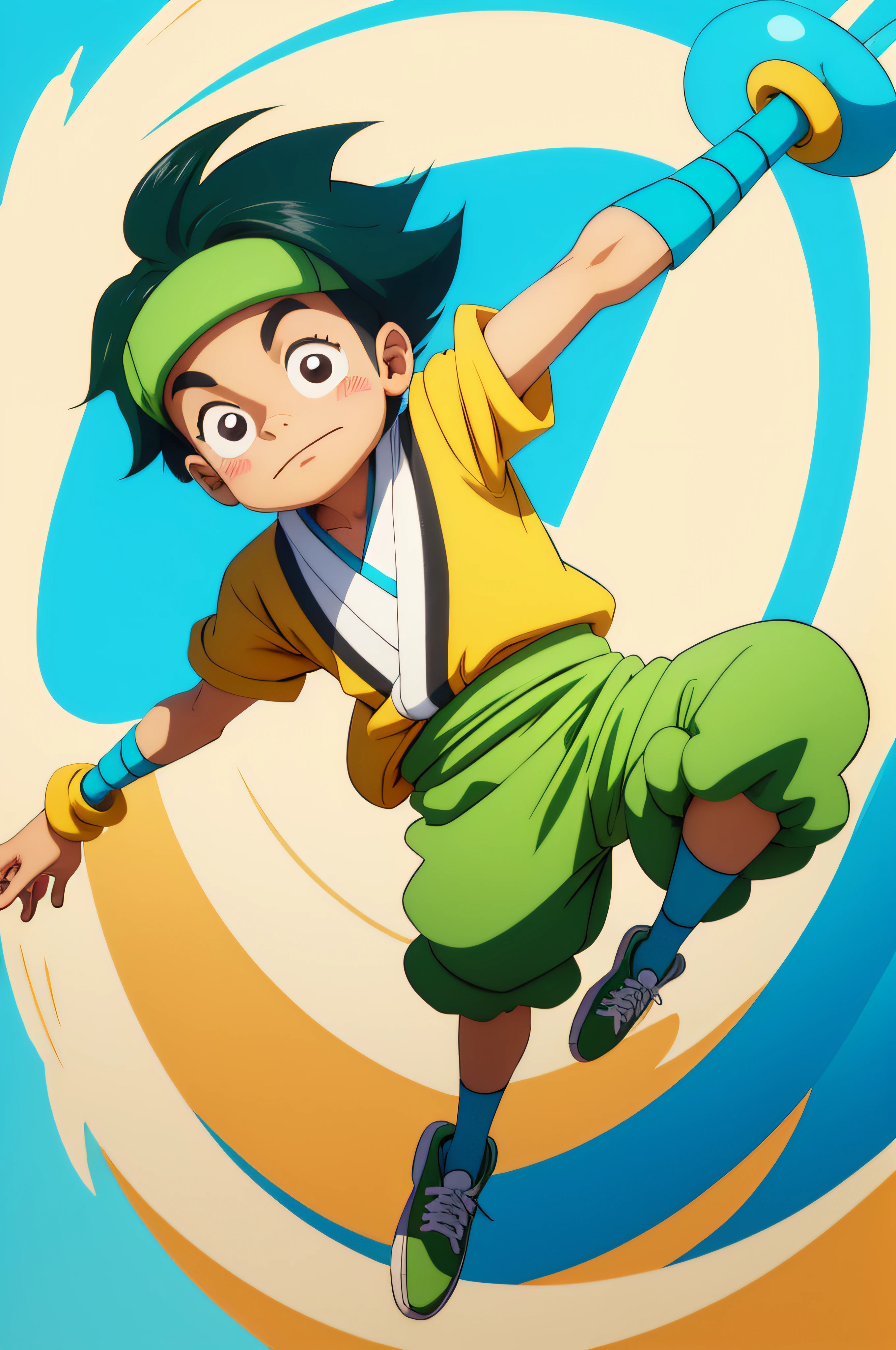Cartoon boy jumps in the air with his right arm outstretched, Cute cartoon character, Cute boy, kawaii playful pose of a dancer, Cartoon style illustration,Inspired by Guan Students, Official illustration