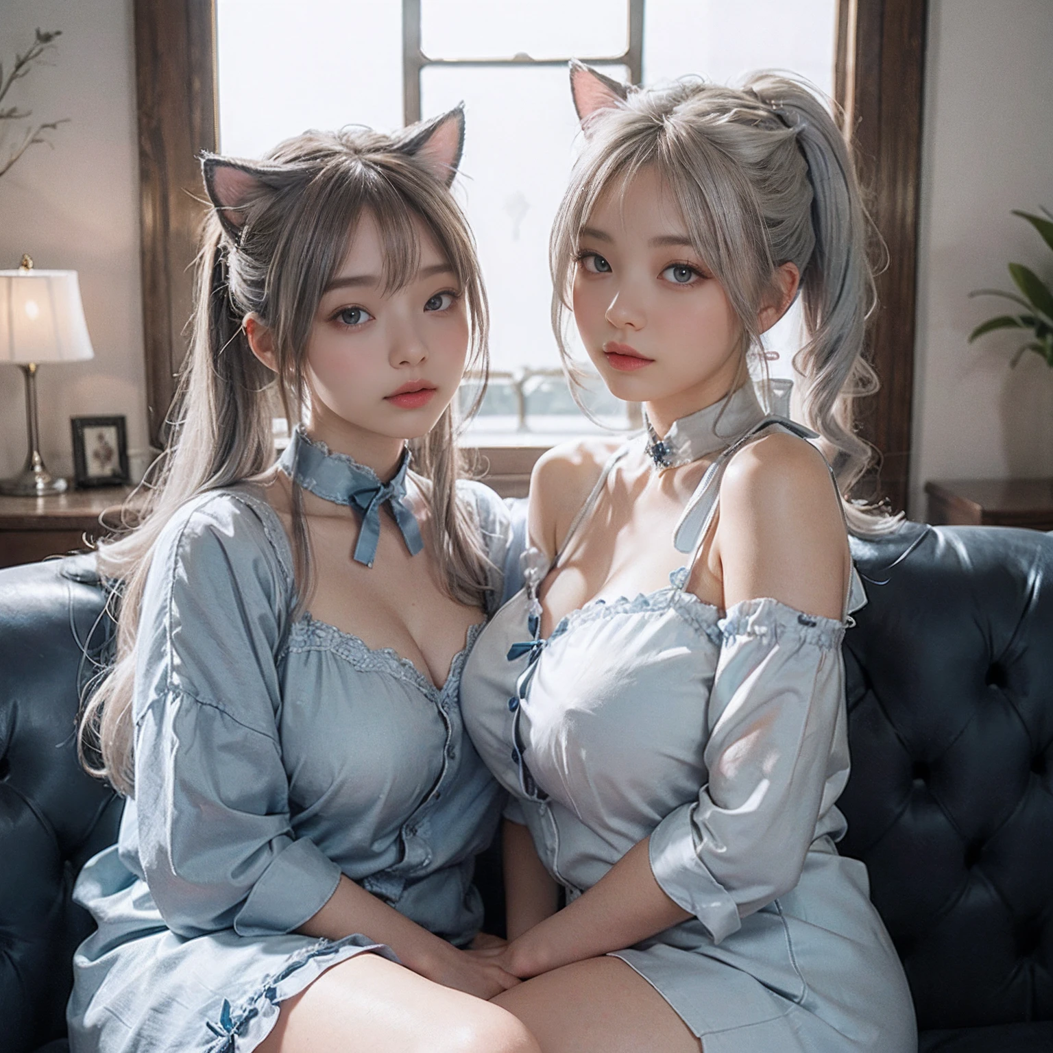 Two women in their 20s、 Fantasia、offcial art, unity 8k wall paper, ultra-detailliert, beautifly、Aesthetic, masterpiece, top-quality, Photorealsitic、Big eyes、Cat-eared clan、Cat's ears、very thick tail:1.5、very thick and long tail、Cat tail、dark brown eyes、Silver-white hair、shorth hair、Pigtail hairstyle、Blue Ribbon、Collar with bell:2.0、s Pajamas、depth of fields, Fantastic atmosphere, Calm palette, tranquil mood, Soft shading、Sleeping curled up on the couch、bbw、very large breast、plump figure、Sky with stars、Crescent、Lamp Light