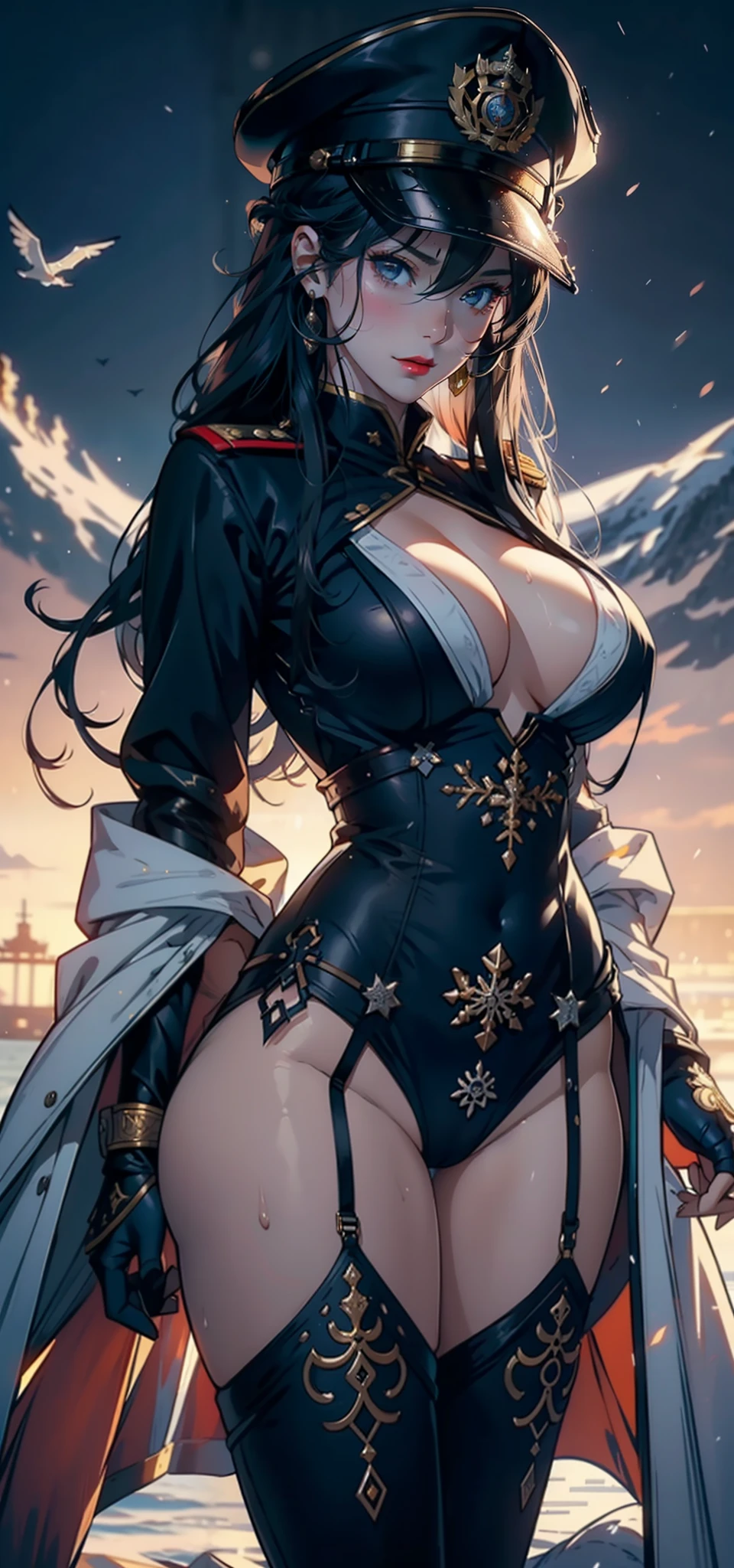 91 females，36 years old，multiple persons，熟妇，mature，Bigchest，Big breasts Thin waist，long leges，Raised sexy，Pornographic exposure， 独奏，Beauty contests，standing on your feet（Background with：the sea，snow mountains，warships，at winter season，Blizzarding，Big snowflakes）On warships， with his long black hair，Long hair flutters in the wind，dynamicposes，Sweat profusely，drenched all over the body，seen from the front， hair straight， mostly cloudy sky，（（（tmasterpiece），（Very detailed CG unity 8K wallpaper），best qualtiy，cinmatic lighting，detailed back ground，beatiful detailed eyes，Bright pupils，（Very fine and beautiful），（Beautiful and detailed eye description），Black eyes，Redlip，ultra - detailed，tmasterpiece，）），facing at camera，（The upper part of the body），A high resolution，ultra - detailed），revealing breasts，Bare genitalia，  Bulge，legs are open，sexyposture，Camel toes，Flushed complexion，Open-mouthed，frontage，Tsarist Russian officer，Officer's cap（Wearing：White cloak，down jacket，Winter officer uniform，Sexy lace panties，Armour，Gold wire embroidery，Snowflake decoration）