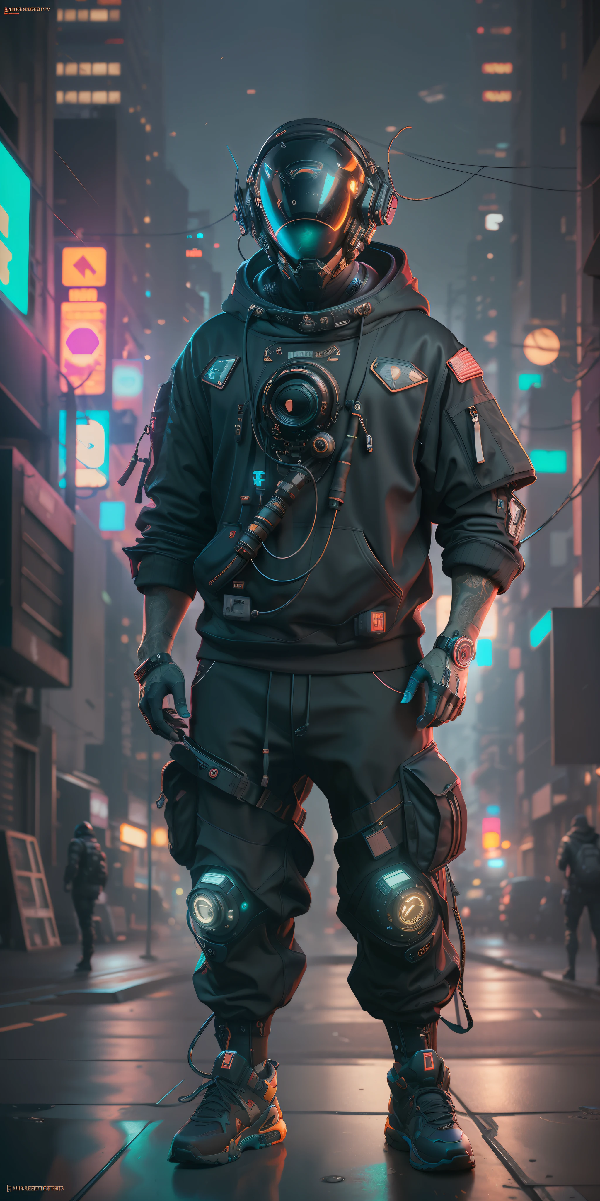 (masterpiece, full body shot, intricate raw photography) Cyberpunk citizen, comfortable oversize black hoodie, black cargo pants, black clothes, dark, wearing a black helmet hitech style Astronaut, intricate, futuristic, advanced technology, dark environment, dramatic, light and shadow, cinematic, action movie, sharpness, random relaxed position, Cyberpunk City, street lights, dark street, night, Insta photo, photo of the year, octane render, substance, Maya 3D, cinema4D, ArtStation Trending, Devian Art Trend,