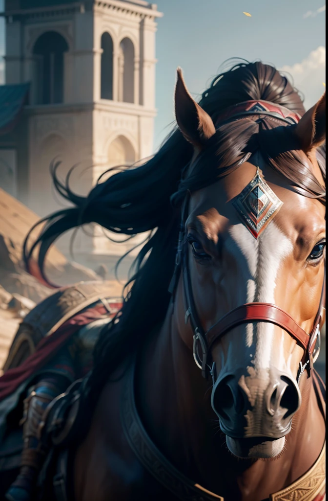 Portrait of a female warrior standing in front of a horse, Assassin's Creed game, photograph realistic, postapocalypse