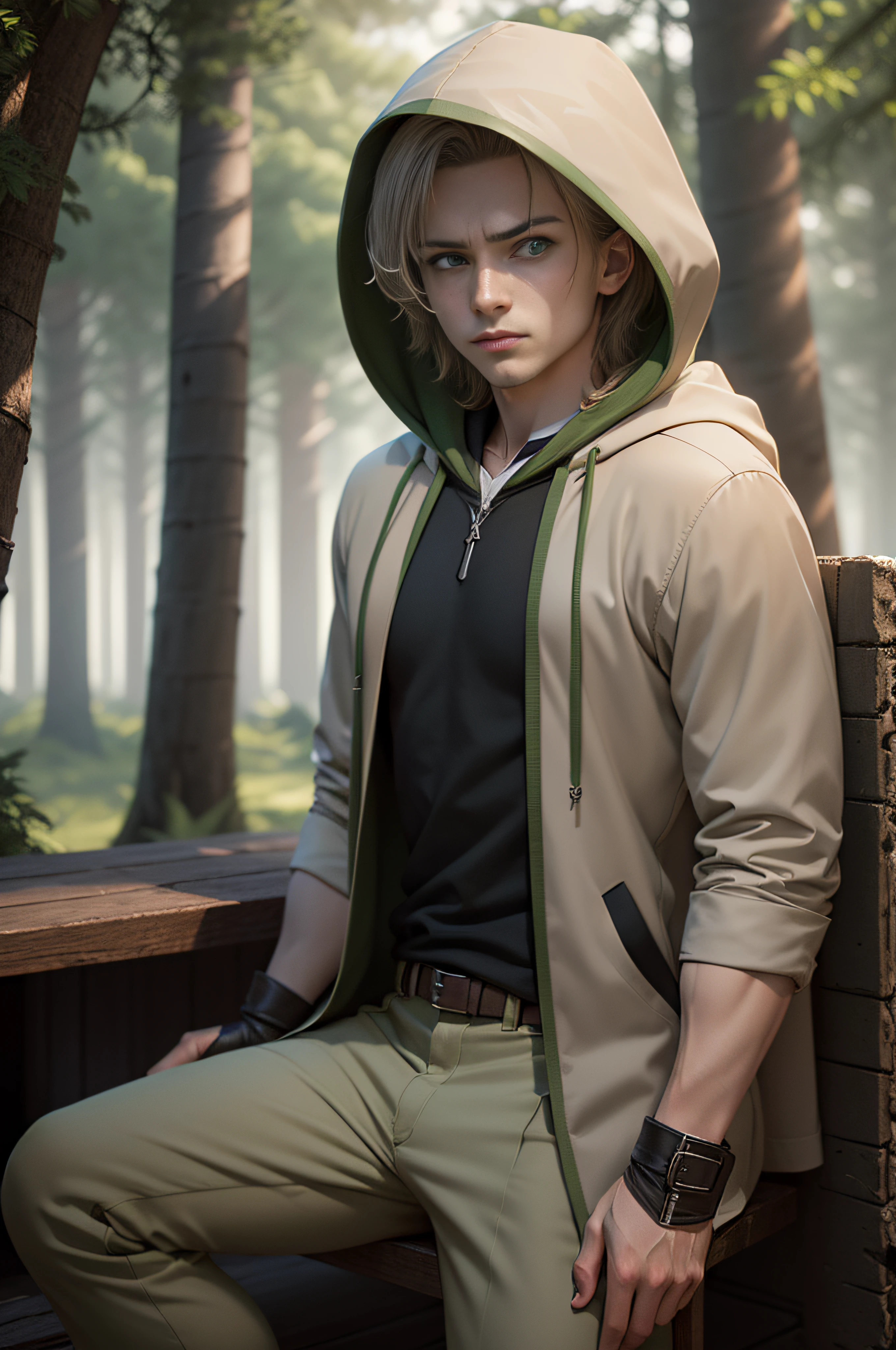 boy, strong, muscular, tall, dark hair, green eyes, male, leather gloves, thief, killer. (RAW Photo)(8k UHD)(DSLR)(soft lighting)(high quality)(filmic grain)(Fujifilm XT3)(master piece, full body, very high quality, photorealistic, highly detailed, octane rendering, unreal engine, HD 8K, soft cinematic light, hyper-detailed, hyper-realistic skin texture, best quality, ultra-high resolution, soft tones, look at viewer, realistic 3d anime)(((light brown hair)))(((green eyes) )))(((Forest)))(human, male, white skin, pale skin, green eyes, light brown hair, messy hair, serious look, not smiling, noble, rich gray pants, rich gray jacket, gray cape, Gray Hooded Cloak, Gray Hood, Noble Robbery, Long Gray Cloak, White Garment, Age 15)(((Light Brown Hair)))(((Green Eyes)))(((Forest)))