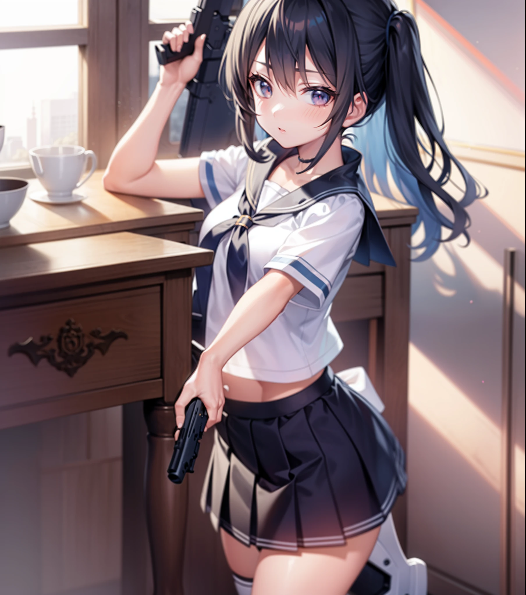 Anime girl in uniform holding a gun in front of the window, anime moe art style, Exquisite anime style 4 K, Higher definition and refined picture quality, Fine details, with pistol, Official artwork, railgun, seductive anime girls